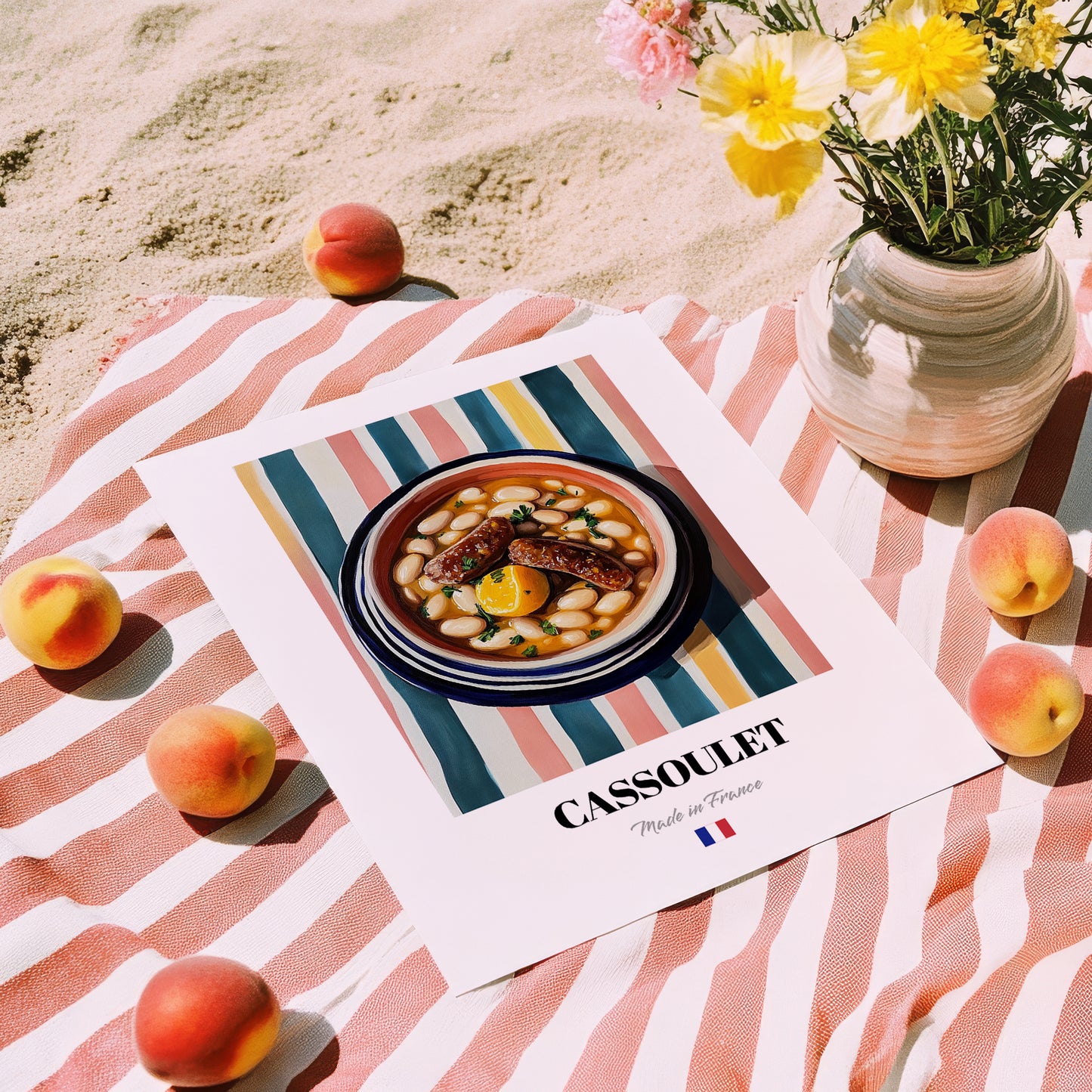 Cassoulet – on Striped Tablecloth, French Food Painting, unframed on coastal sand