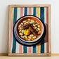 Cassoulet – on Striped Tablecloth, French Food Painting, no-text version framed in wood
