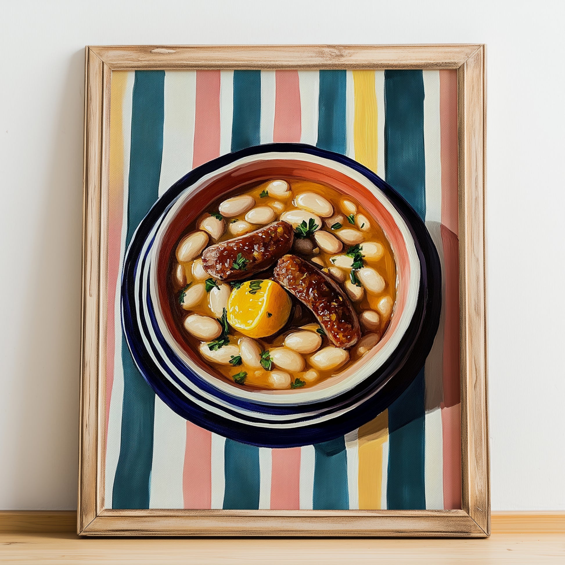 Cassoulet – on Striped Tablecloth, French Food Painting, no-text version framed in wood