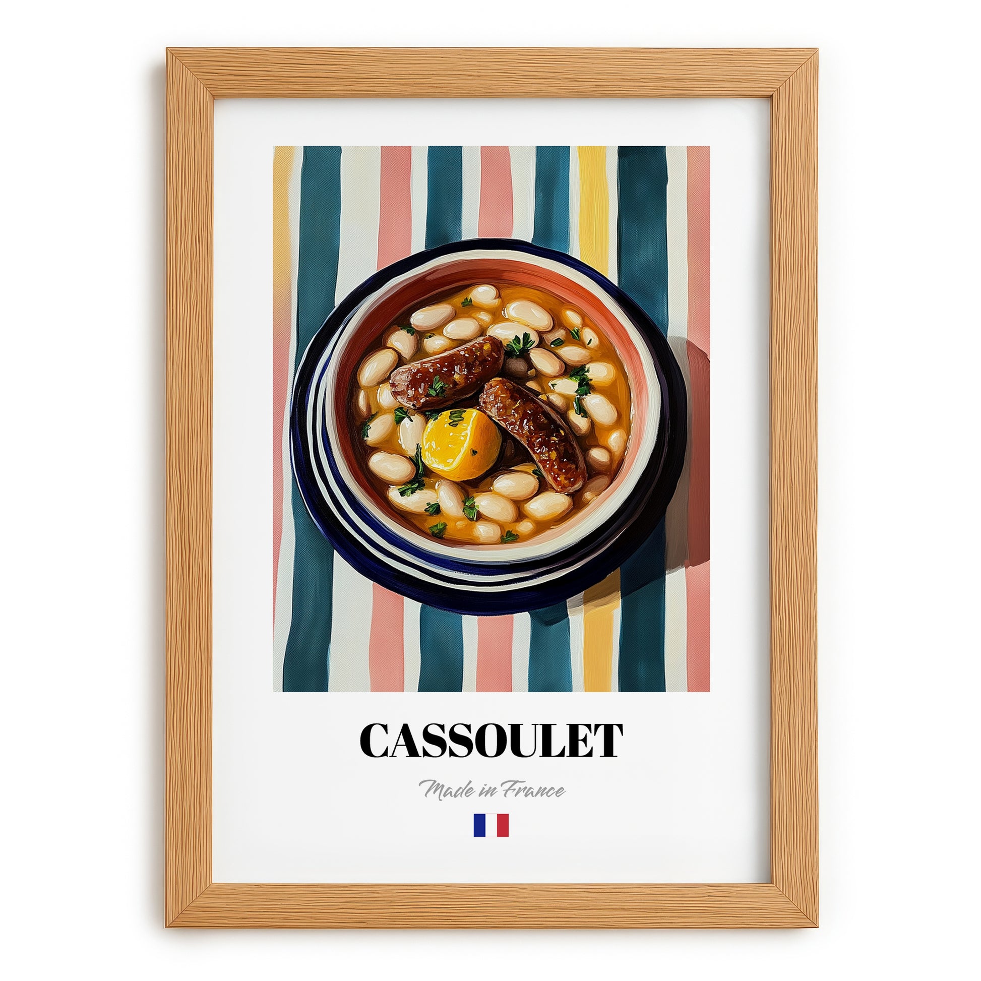 Cassoulet – on Striped Tablecloth, French Food Painting, set in oak frame