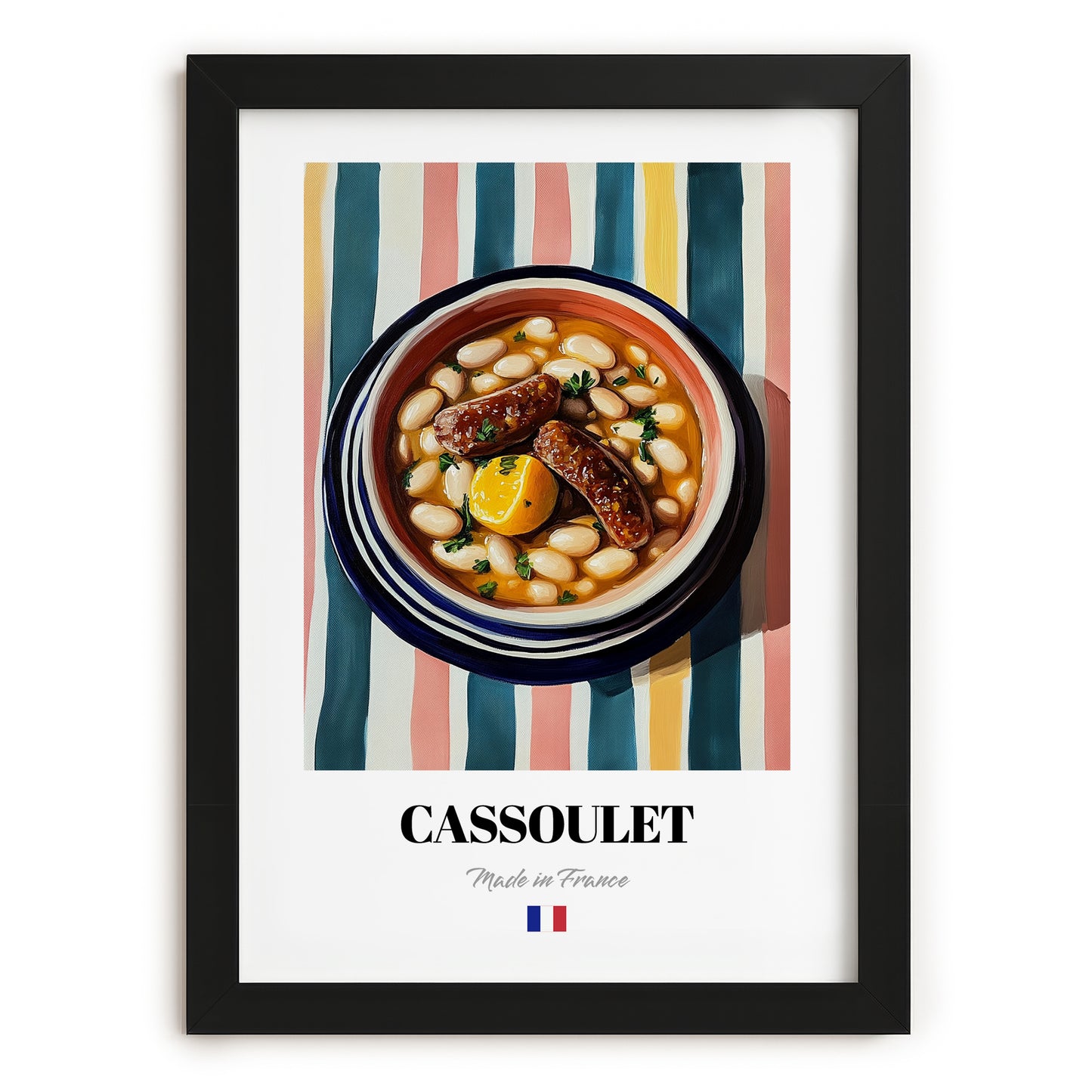 Cassoulet – on Striped Tablecloth, French Food Painting, in sleek black frame