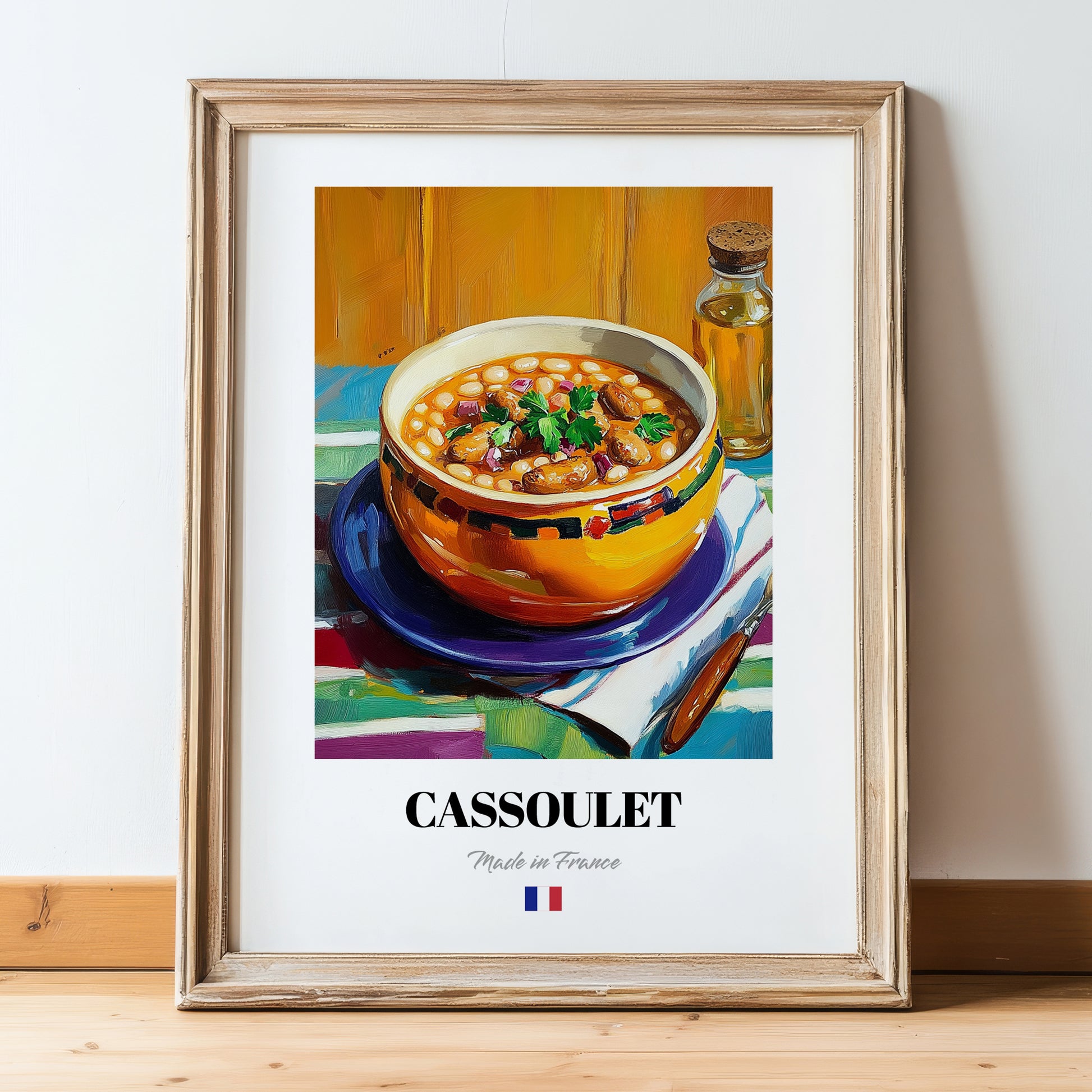 Cassoulet – Oil Painting, French Food Still Life, in wooden frame leaning on the floor