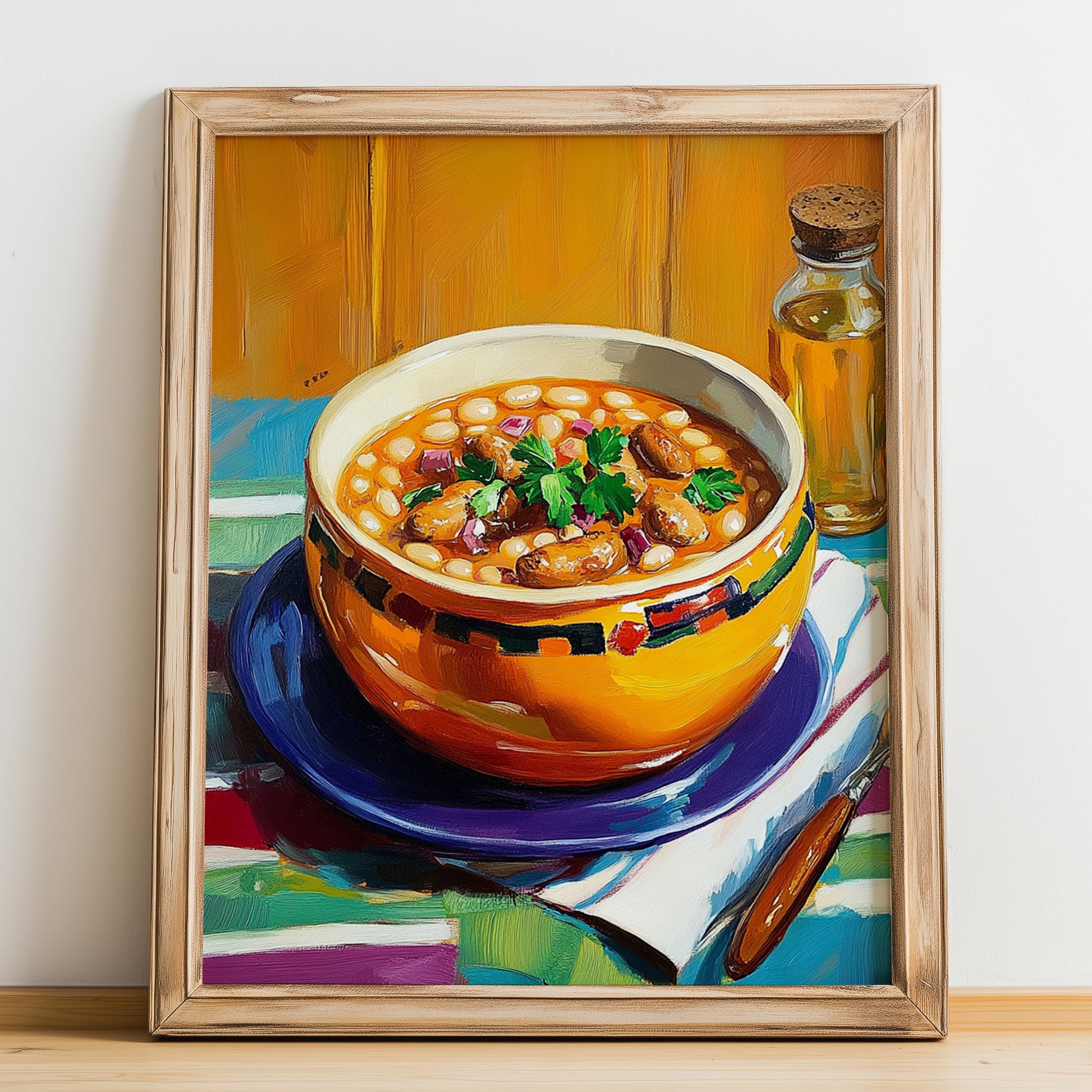 Cassoulet – Oil Painting, French Food Still Life, no-text version framed in wood
