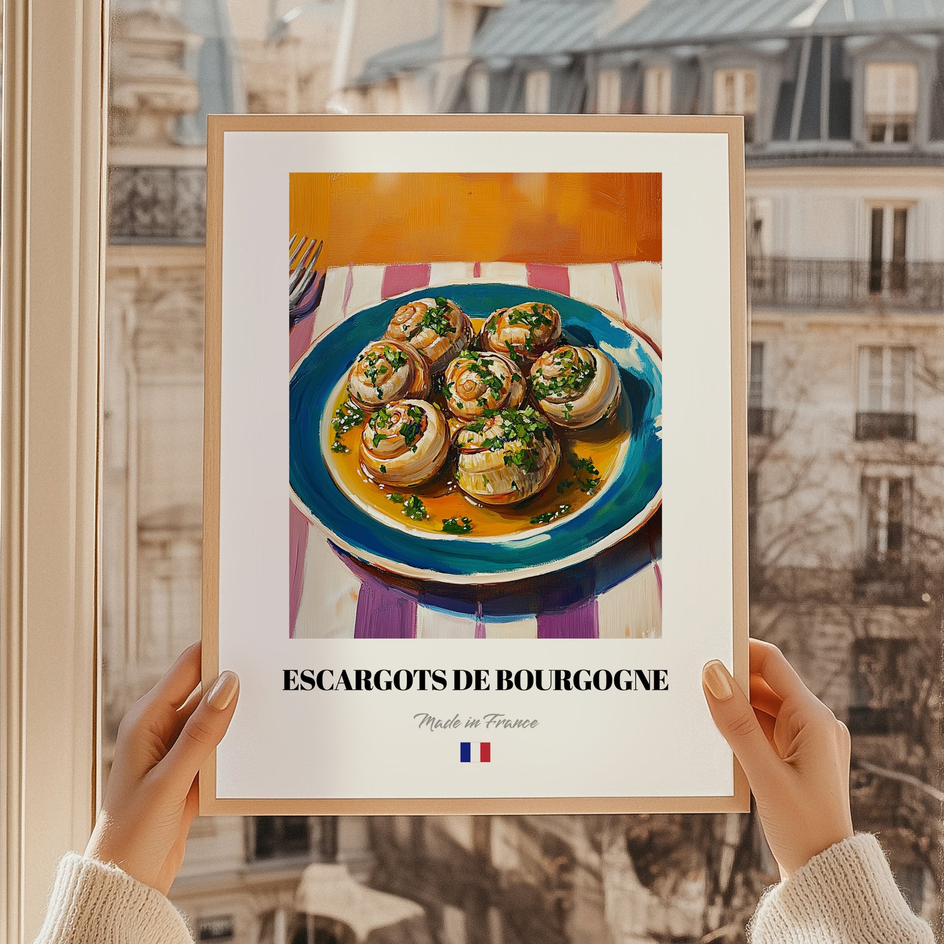 Escargots de Bourgogne – Colorful Oil Painting, French Food Painting, styled in a charming Paris street view