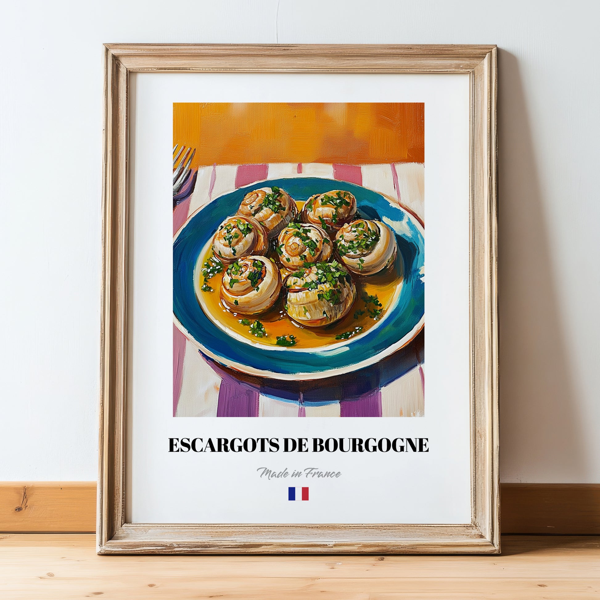 Escargots de Bourgogne – Colorful Oil Painting, French Food Painting, in wooden frame leaning on the floor