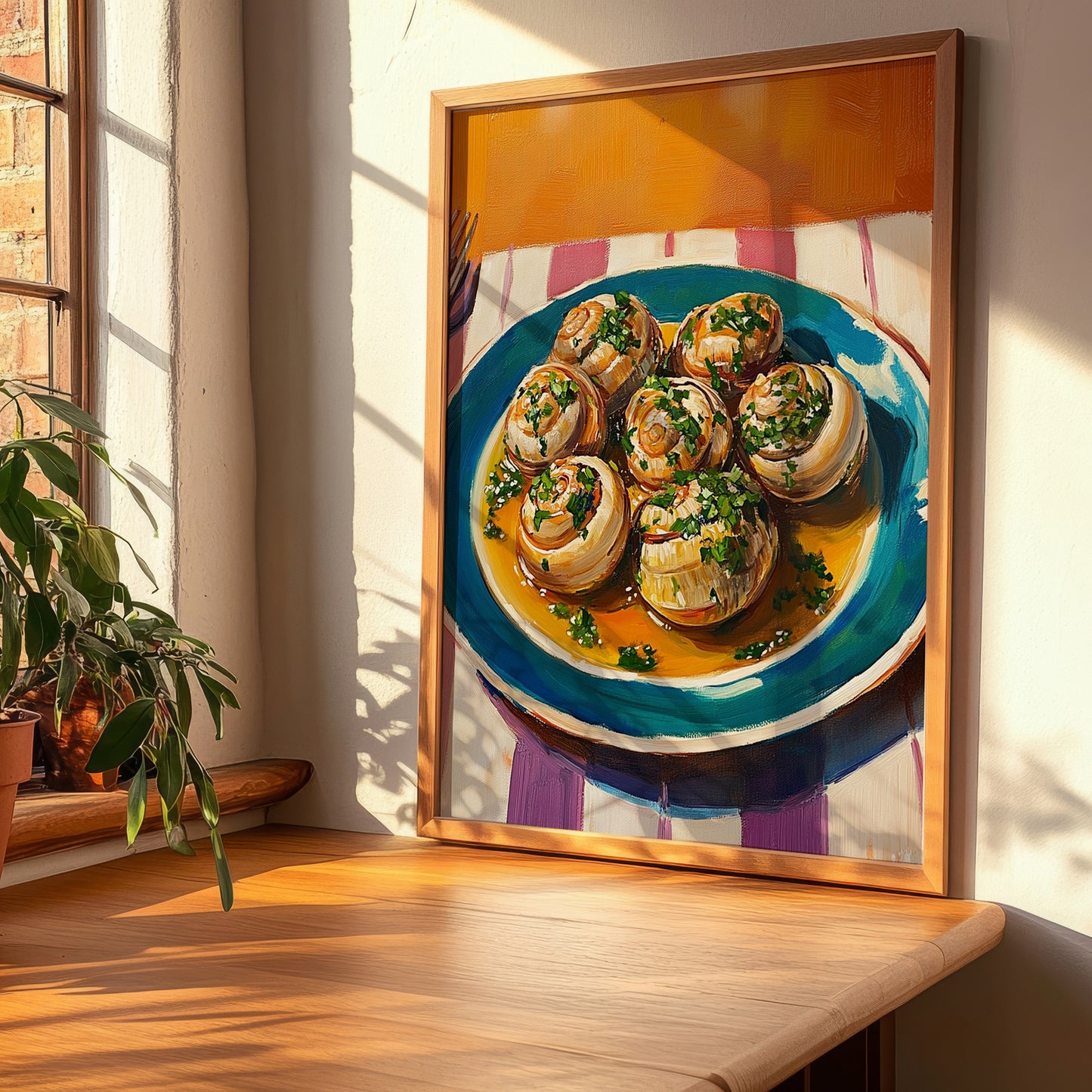 Escargots de Bourgogne – Colorful Oil Painting, French Food Painting, clean layout with no caption
