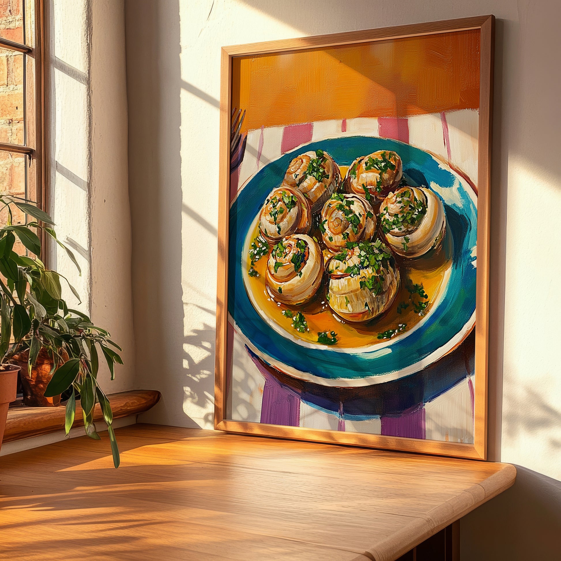 Escargots de Bourgogne – Colorful Oil Painting, French Food Painting, clean layout with no caption