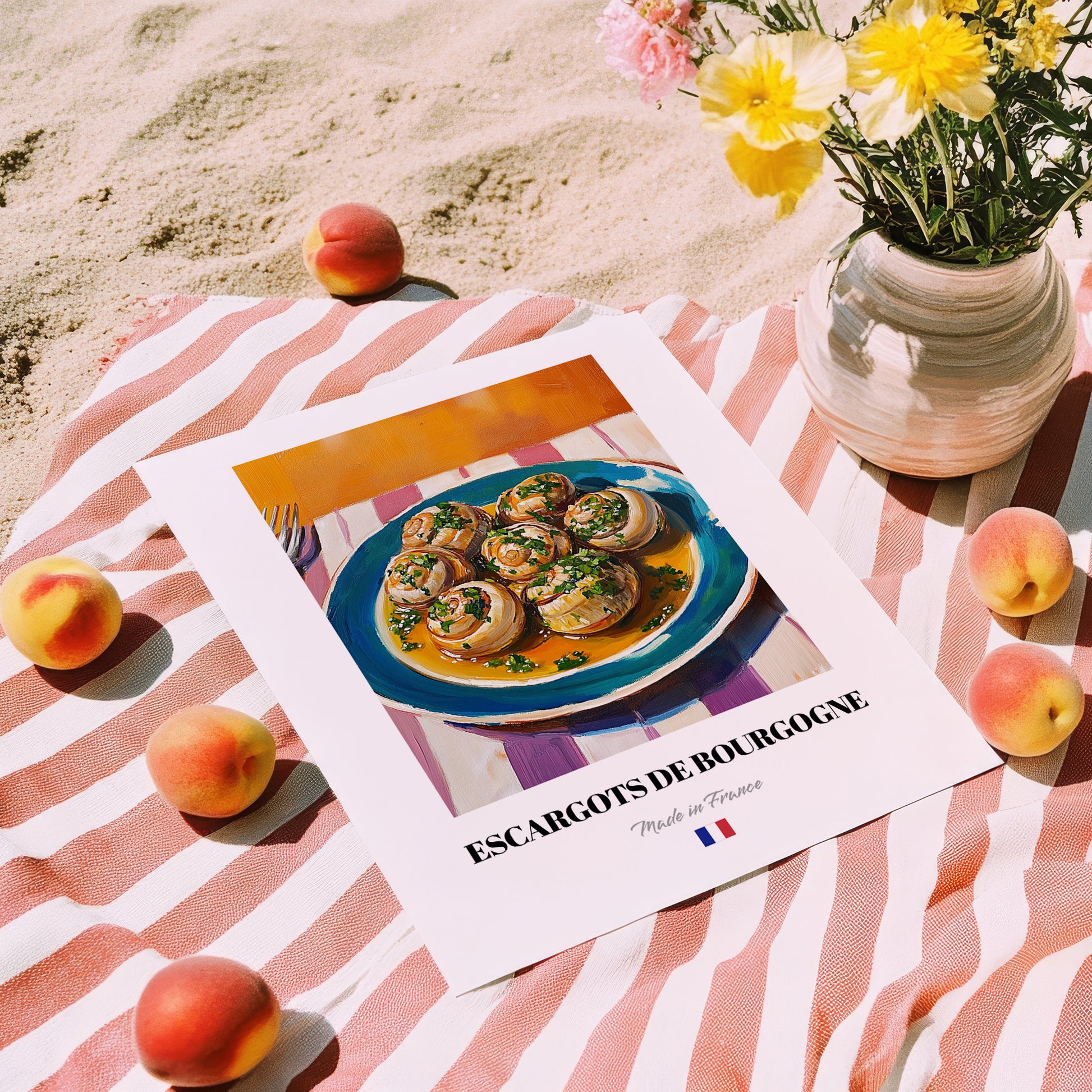 Escargots de Bourgogne – Colorful Oil Painting, French Food Painting, unframed on coastal sand