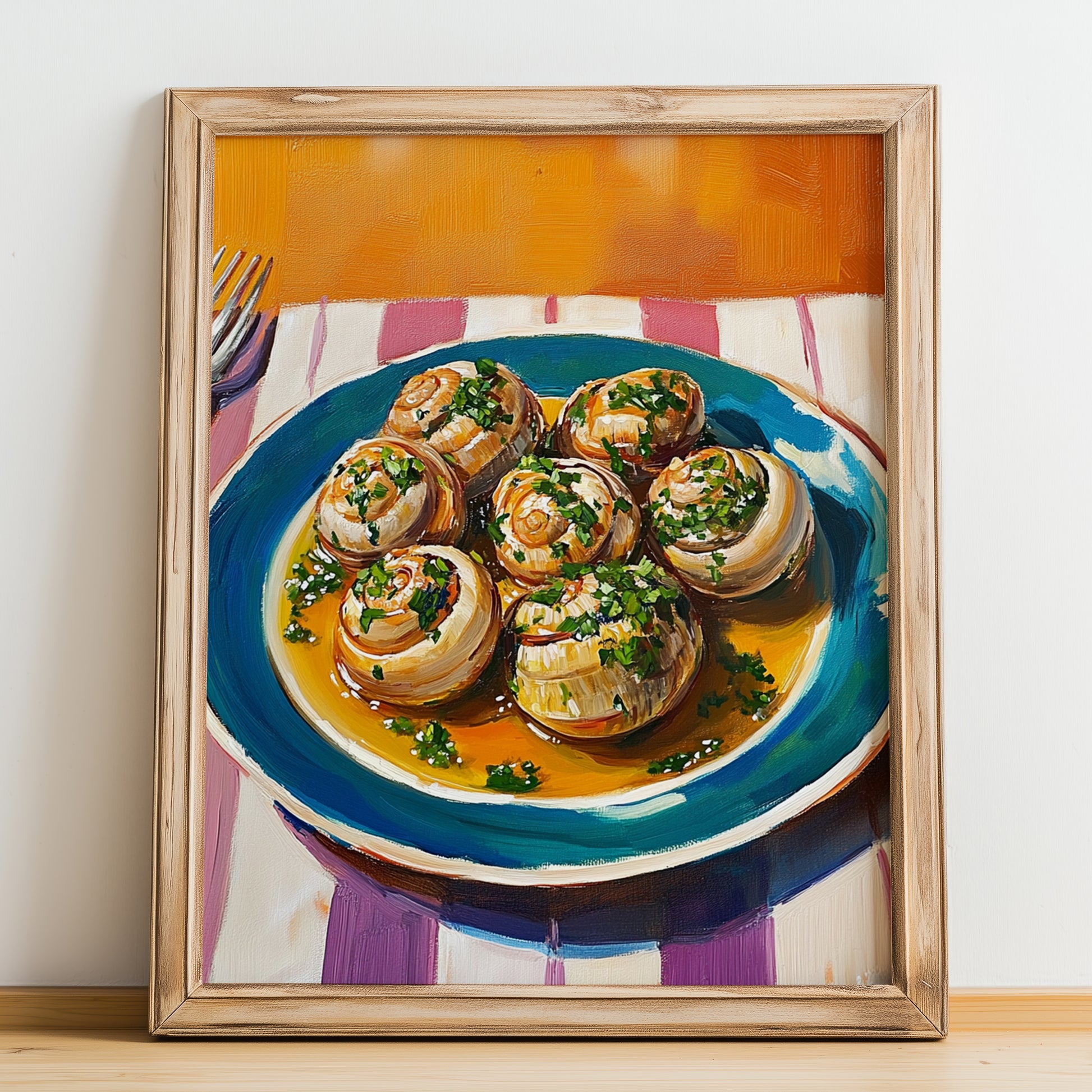 Escargots de Bourgogne – Colorful Oil Painting, French Food Painting, no-text version framed in wood