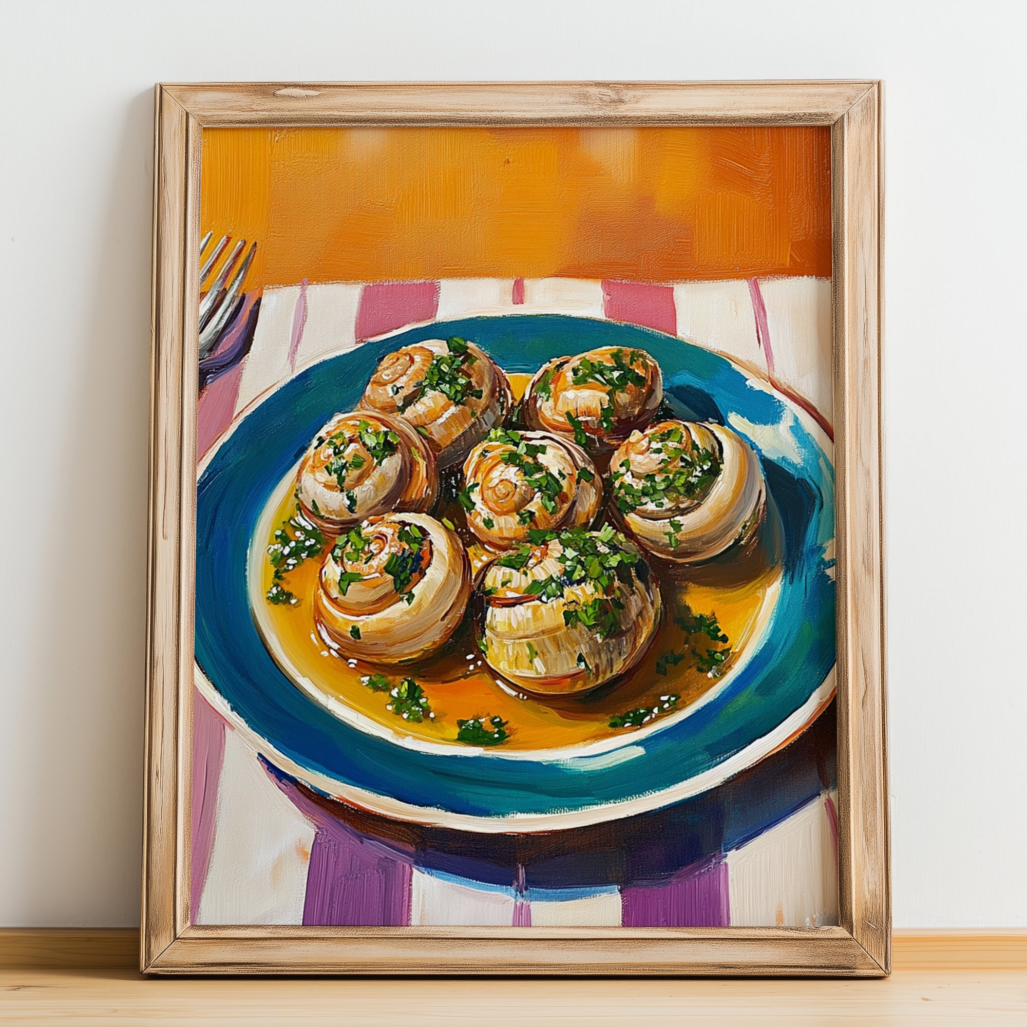 Escargots de Bourgogne – Colorful Oil Painting, French Food Painting, no-text version framed in wood