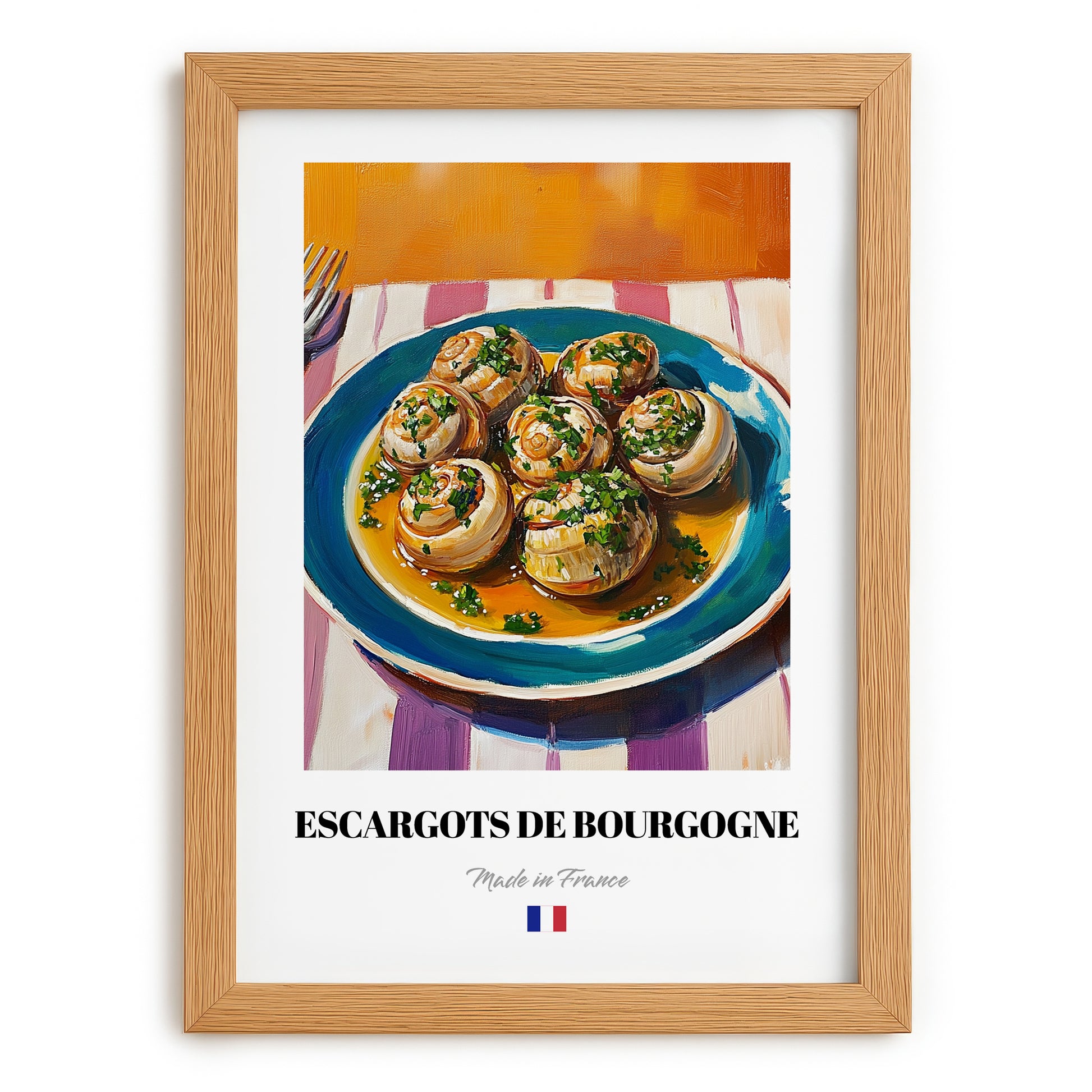 Escargots de Bourgogne – Colorful Oil Painting, French Food Painting, set in oak frame