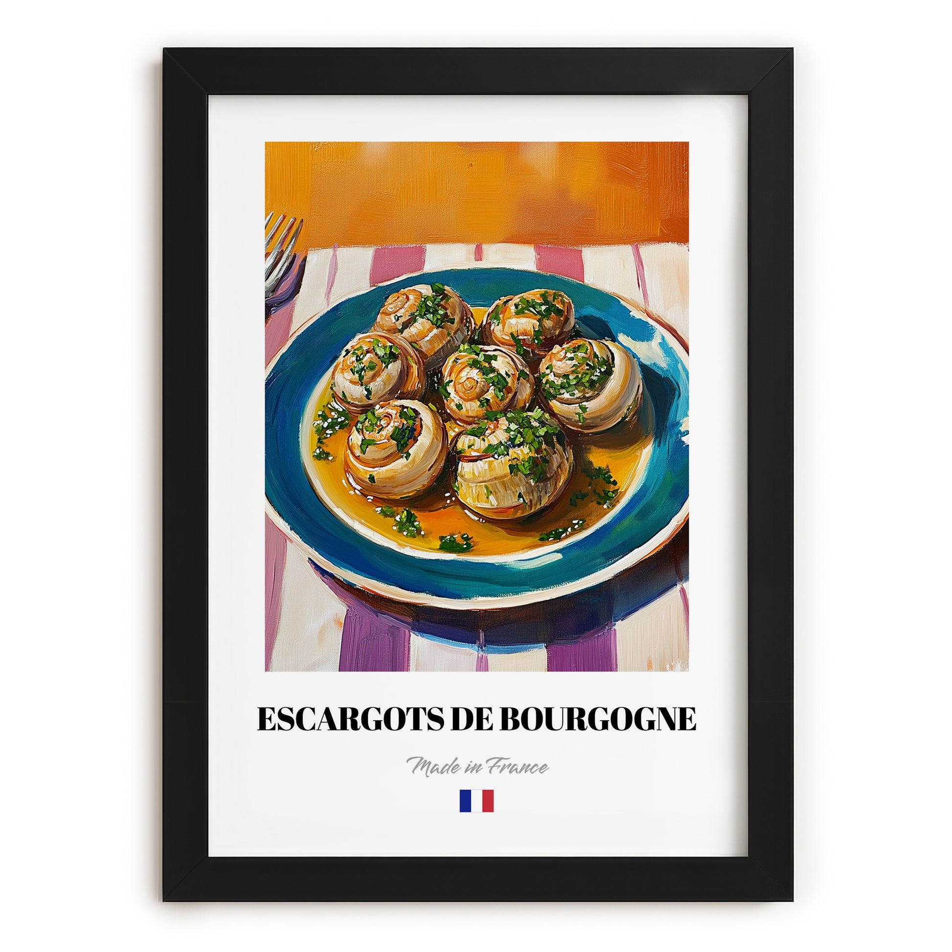 Escargots de Bourgogne – Colorful Oil Painting, French Food Painting, in sleek black frame