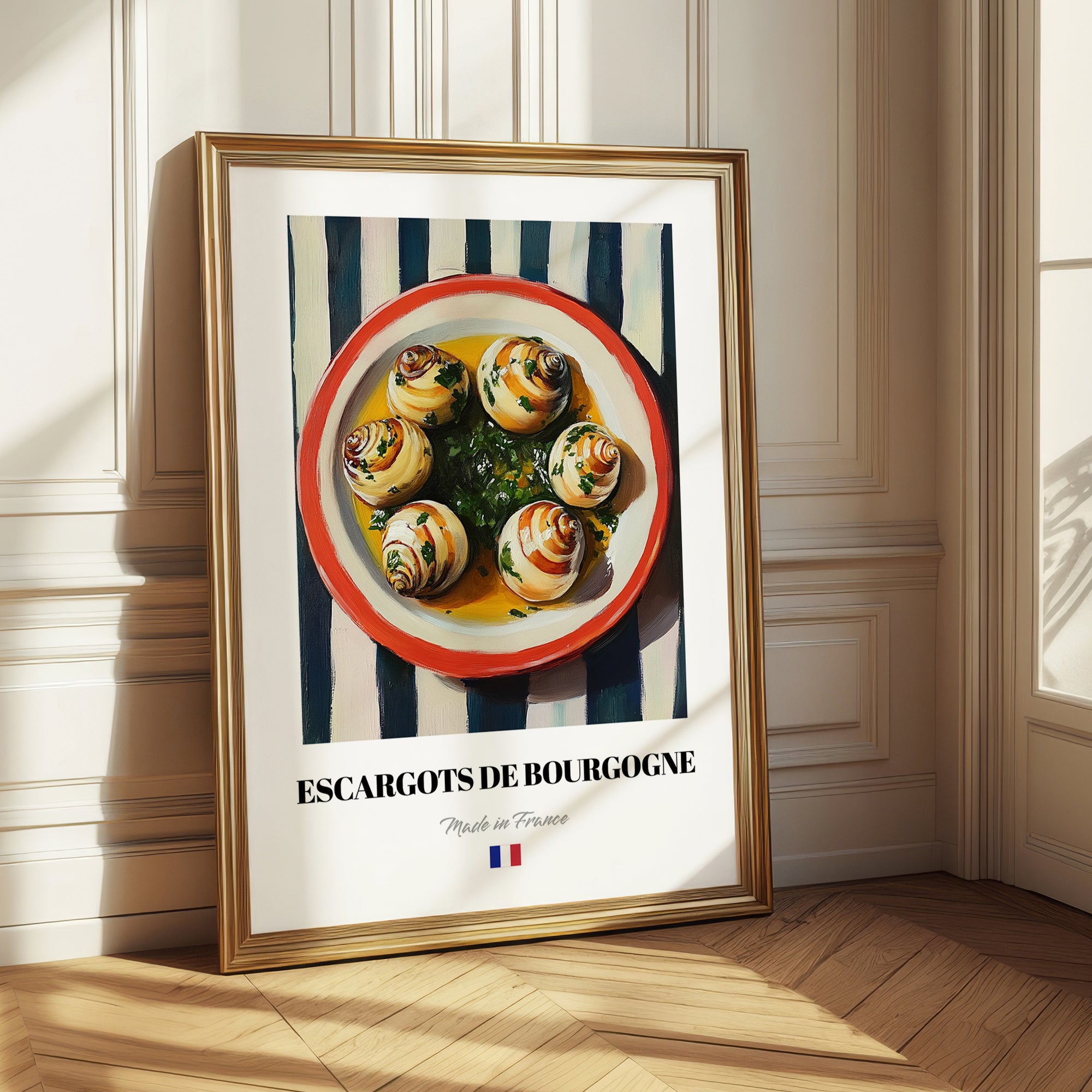 Escargots de Bourgogne – on Striped Tablecloth, French Food Wall Decor