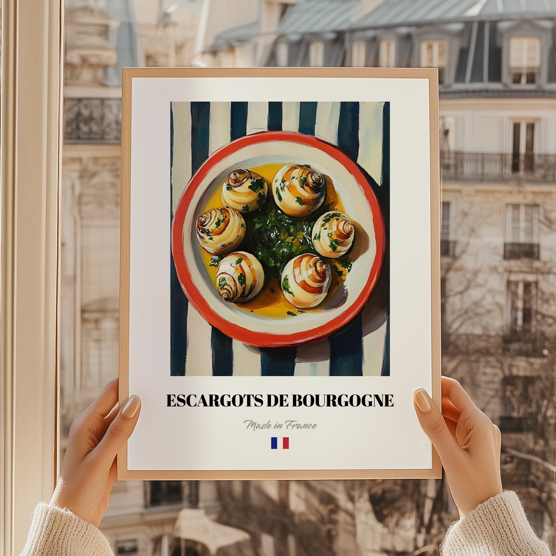 Escargots de Bourgogne – on Striped Tablecloth, French Food Wall Decor, styled in a charming Paris street view