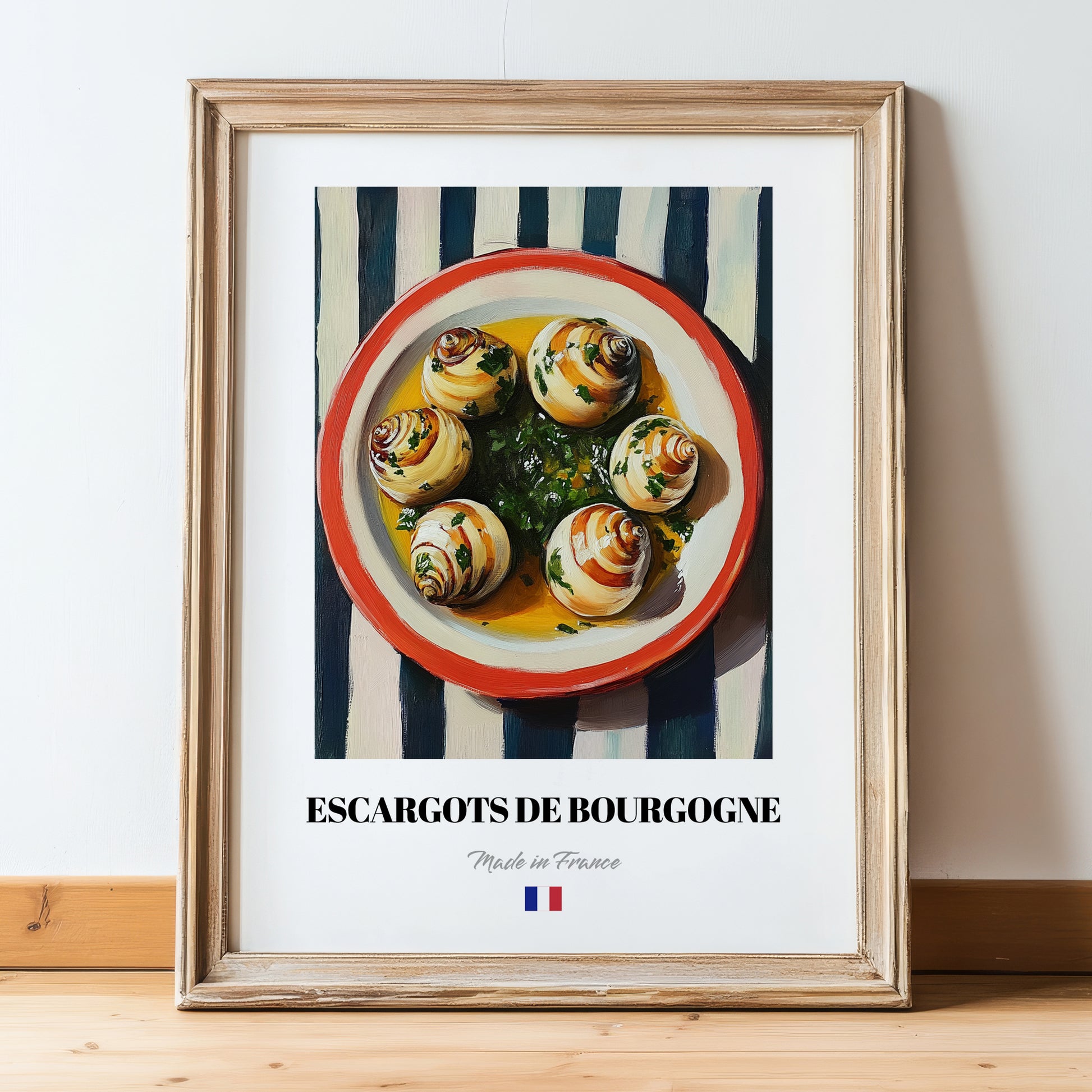 Escargots de Bourgogne – on Striped Tablecloth, French Food Wall Decor, in wooden frame leaning on the floor