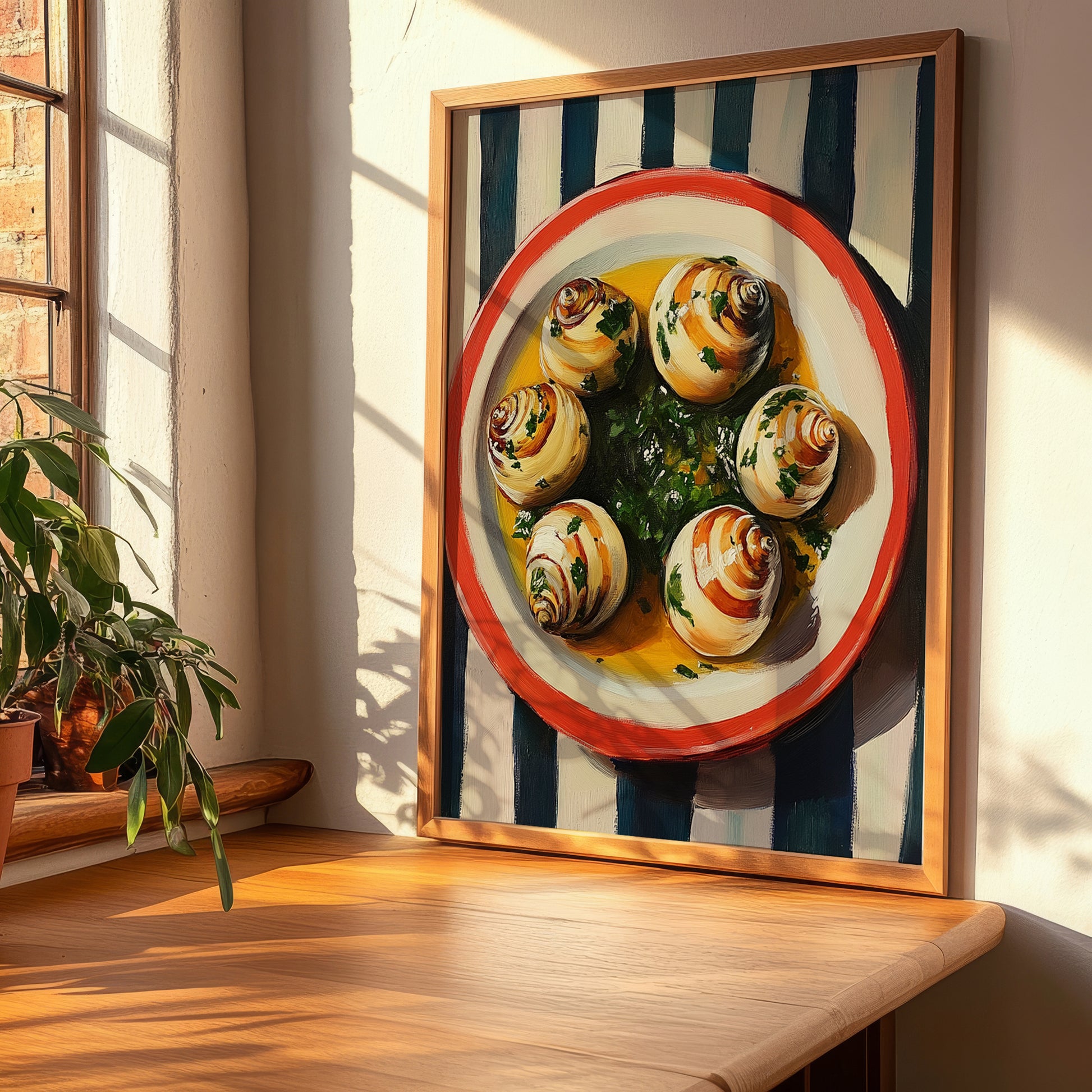 Escargots de Bourgogne – on Striped Tablecloth, French Food Wall Decor, clean layout with no caption