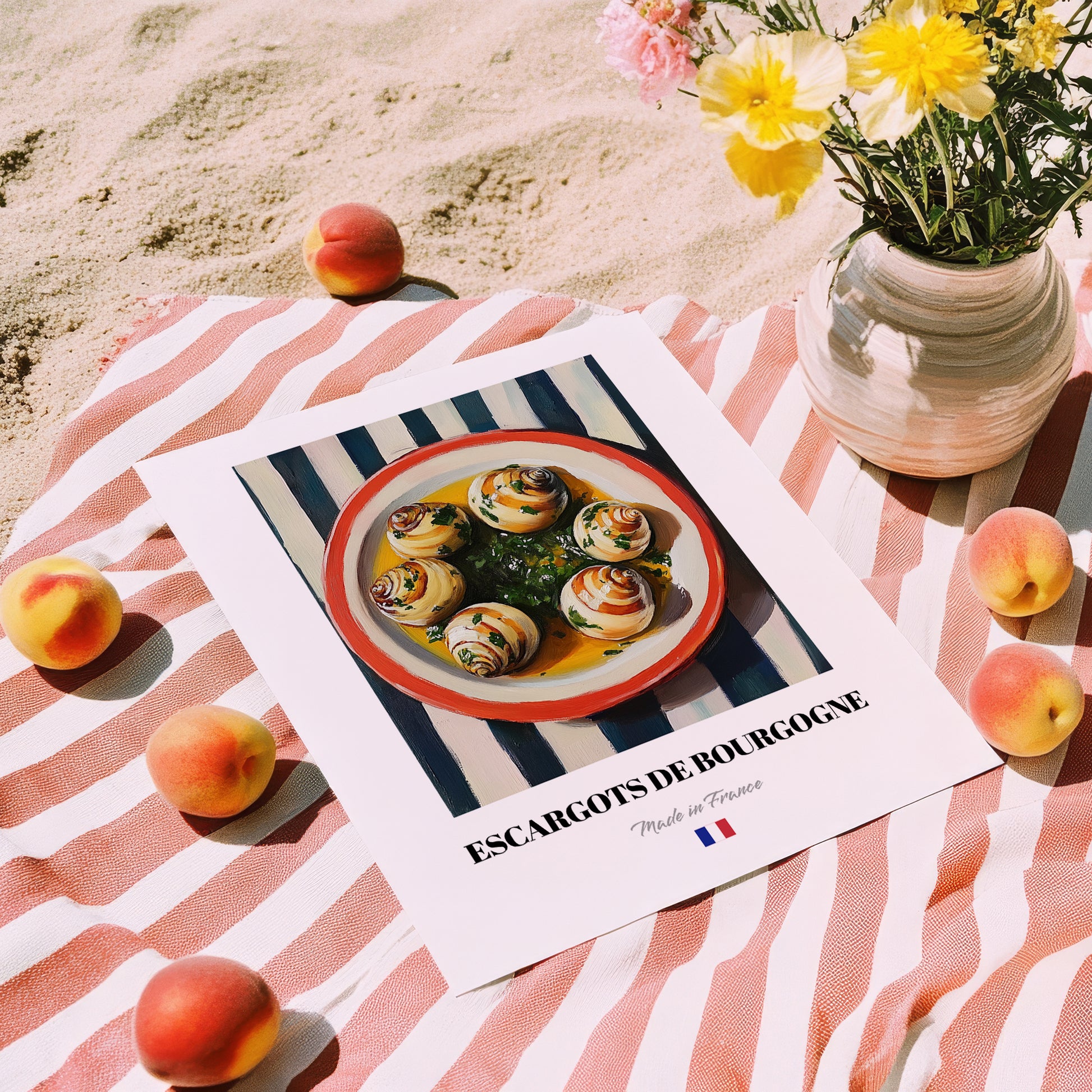 Escargots de Bourgogne – on Striped Tablecloth, French Food Wall Decor, unframed on coastal sand