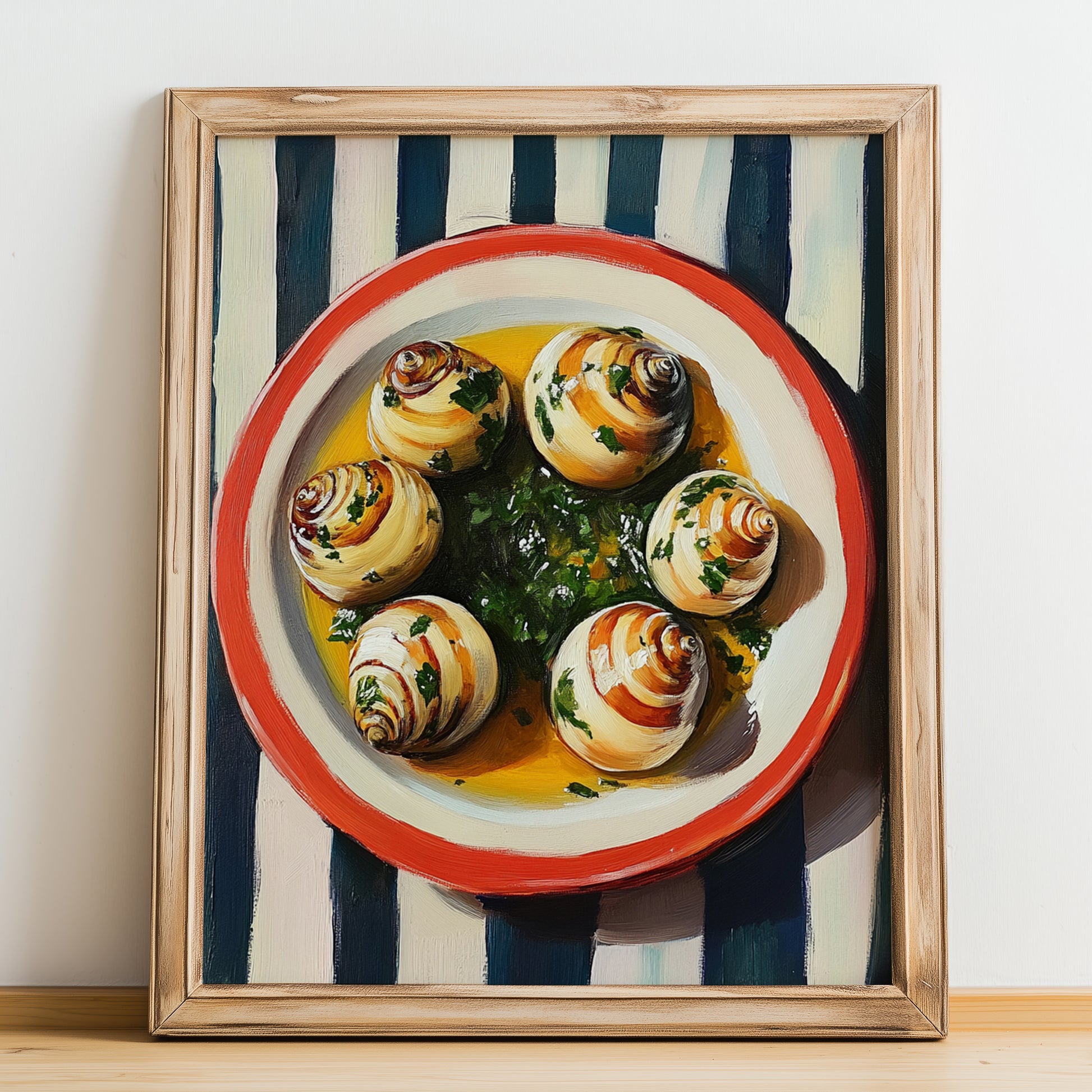 Escargots de Bourgogne – on Striped Tablecloth, French Food Wall Decor, no-text version framed in wood
