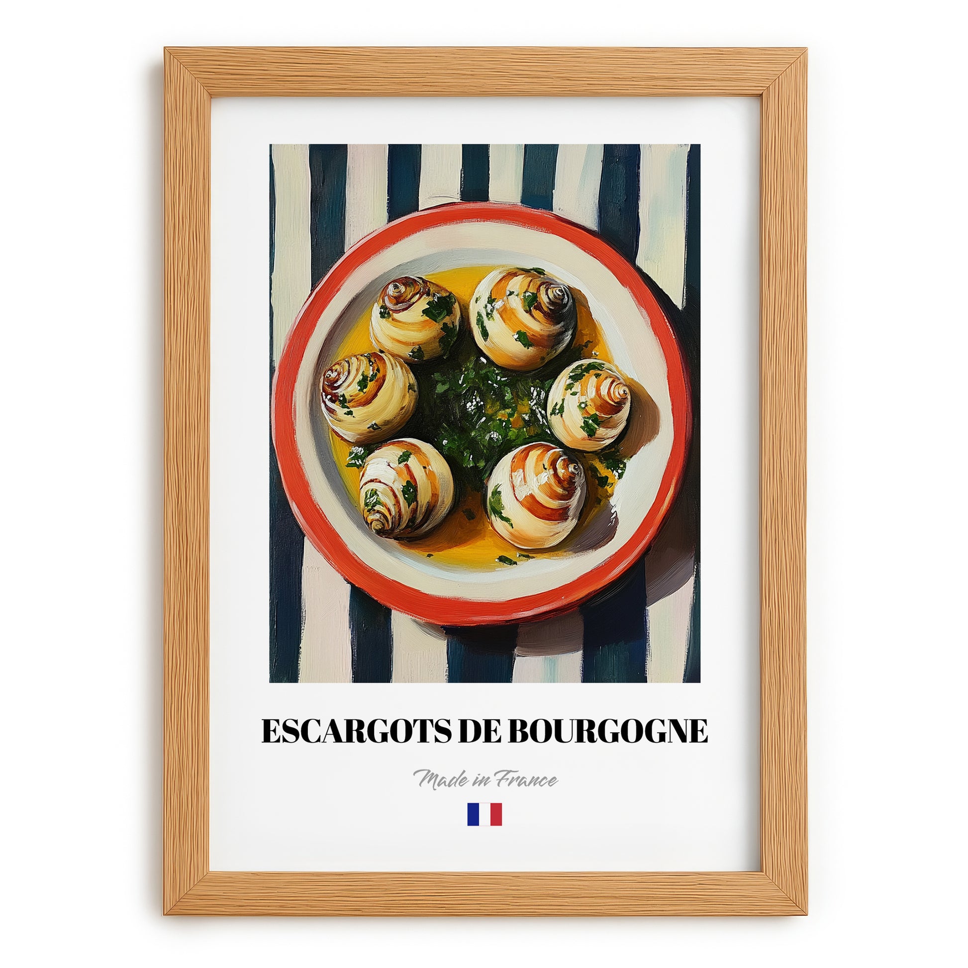 Escargots de Bourgogne – on Striped Tablecloth, French Food Wall Decor, set in oak frame