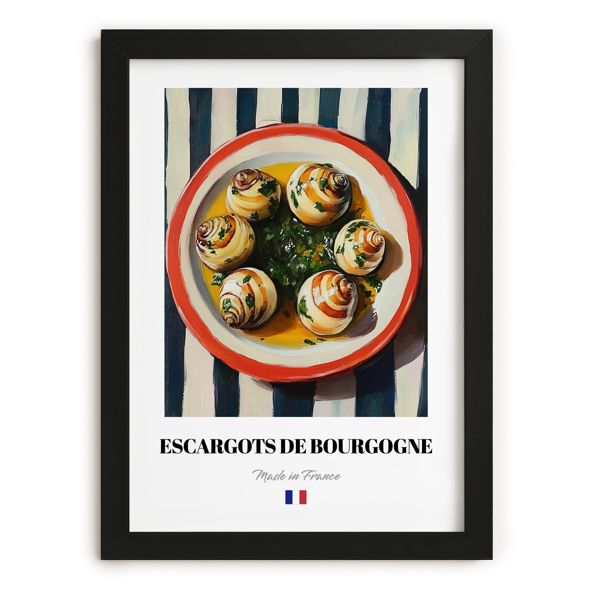 Escargots de Bourgogne – on Striped Tablecloth, French Food Wall Decor, in sleek black frame