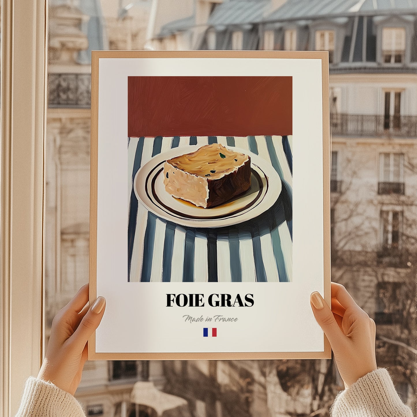 Foie Gras – on Striped Tablecloth, French Food Wall Decor, styled in a charming Paris street view