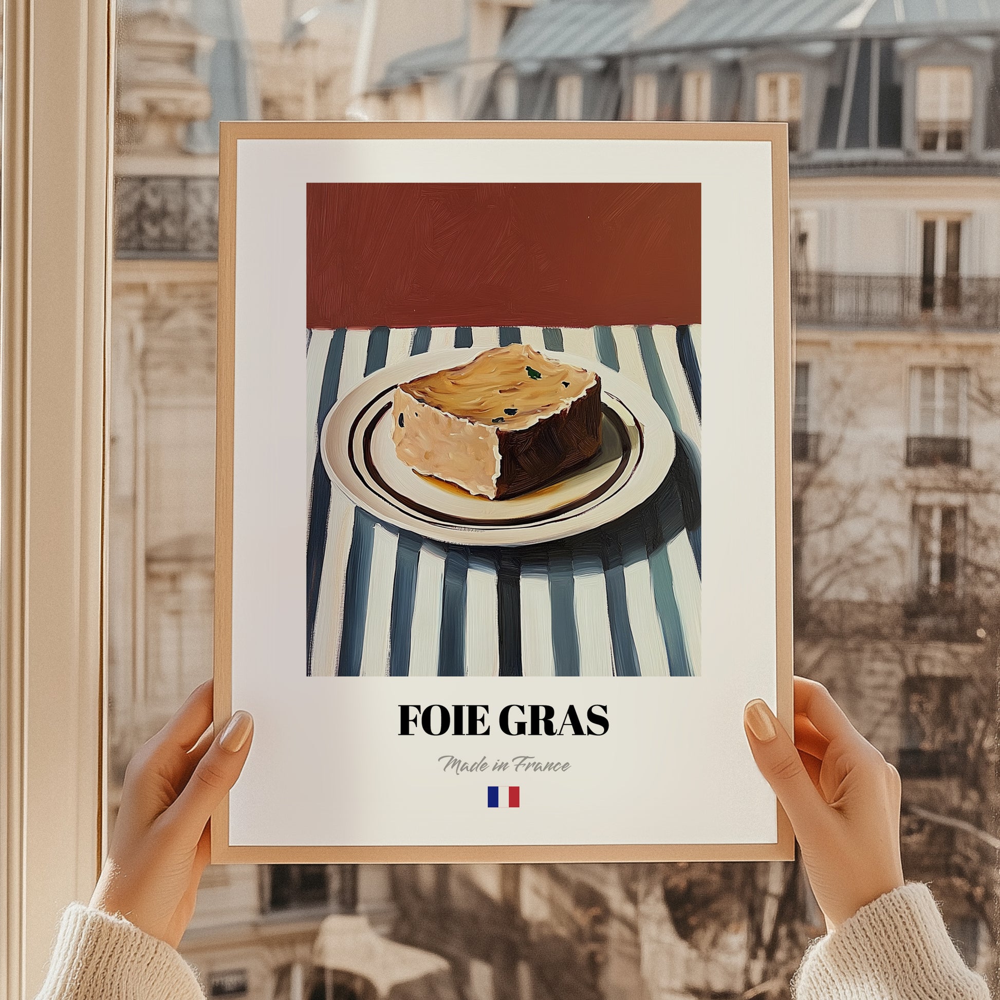 Foie Gras – on Striped Tablecloth, French Food Wall Decor, styled in a charming Paris street view