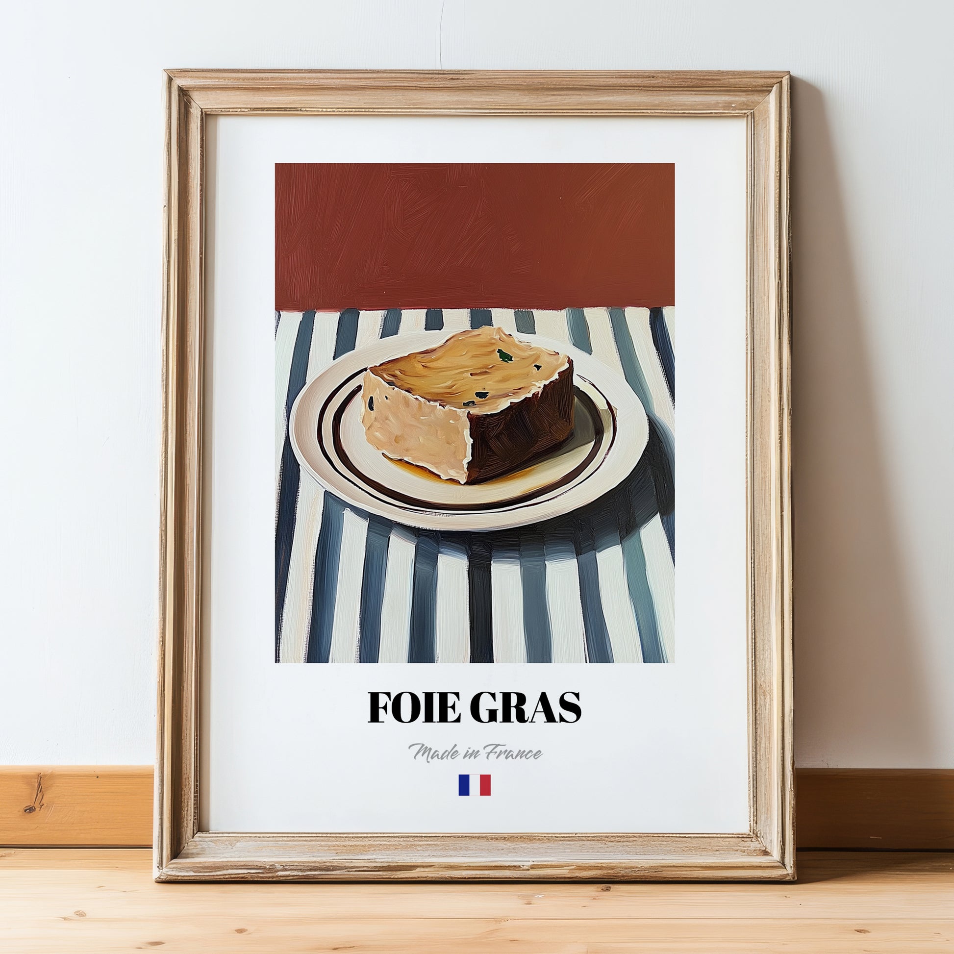 Foie Gras – on Striped Tablecloth, French Food Wall Decor, in wooden frame leaning on the floor