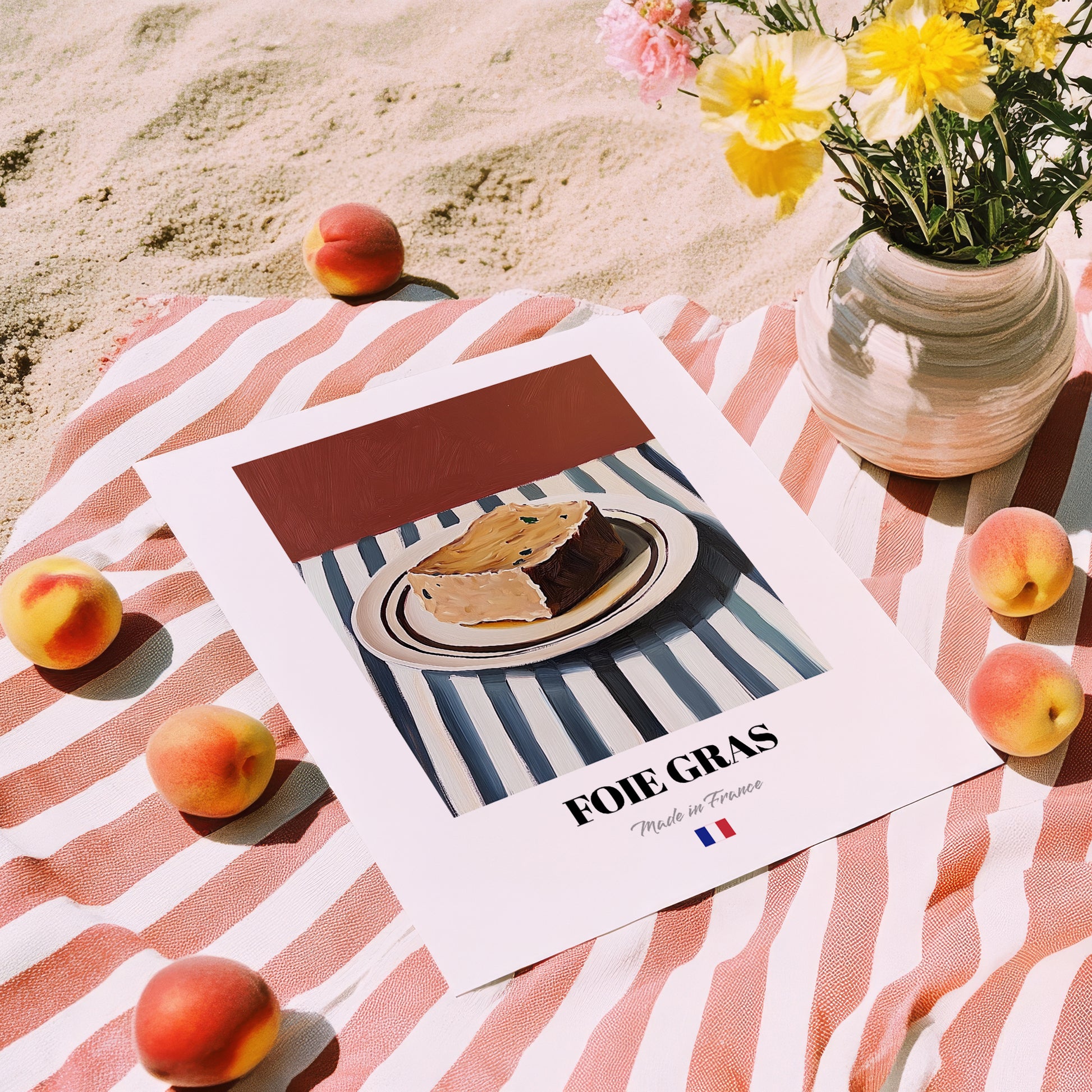 Foie Gras – on Striped Tablecloth, French Food Wall Decor, unframed on coastal sand
