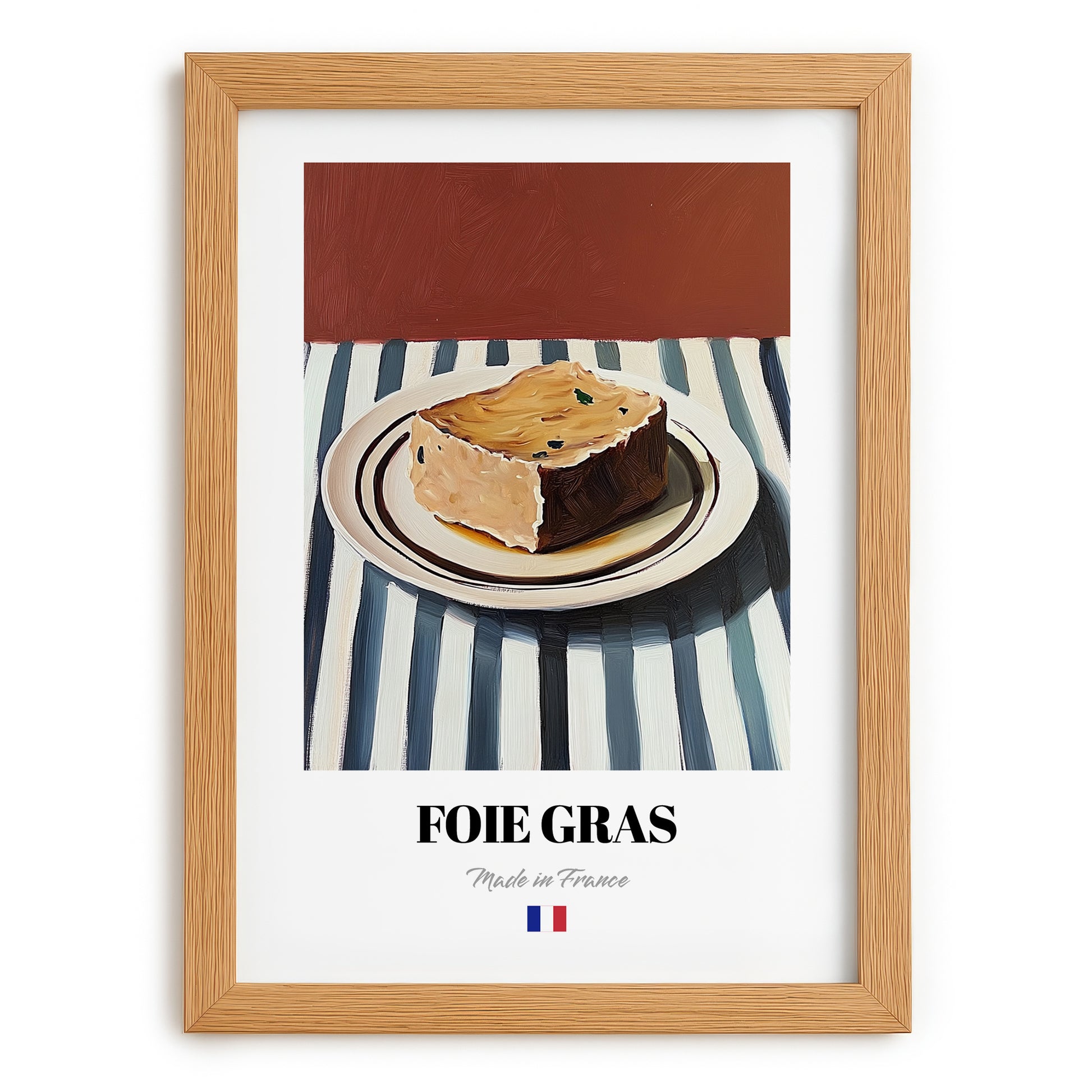 Foie Gras – on Striped Tablecloth, French Food Wall Decor, set in oak frame
