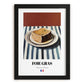 Foie Gras – on Striped Tablecloth, French Food Wall Decor, in sleek black frame