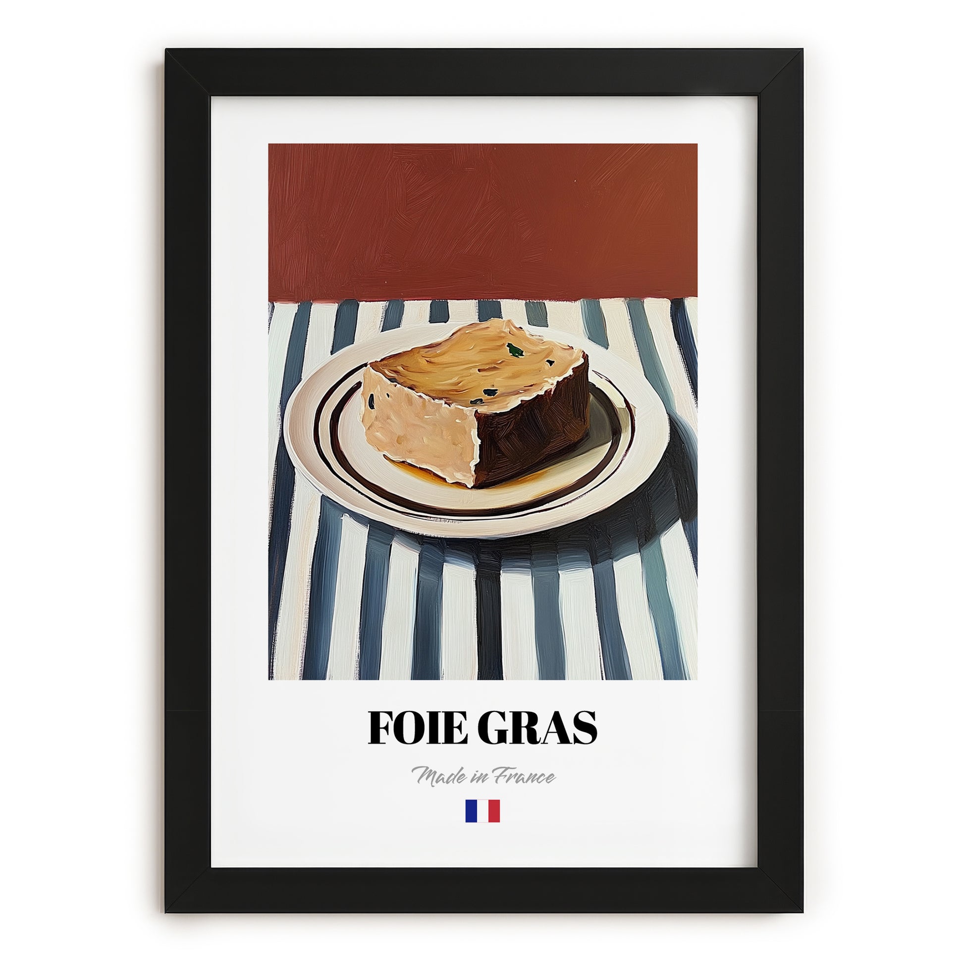 Foie Gras – on Striped Tablecloth, French Food Wall Decor, in sleek black frame