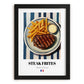 Steak Frites – on Striped Tablecloth, French Food Painting, in sleek black frame