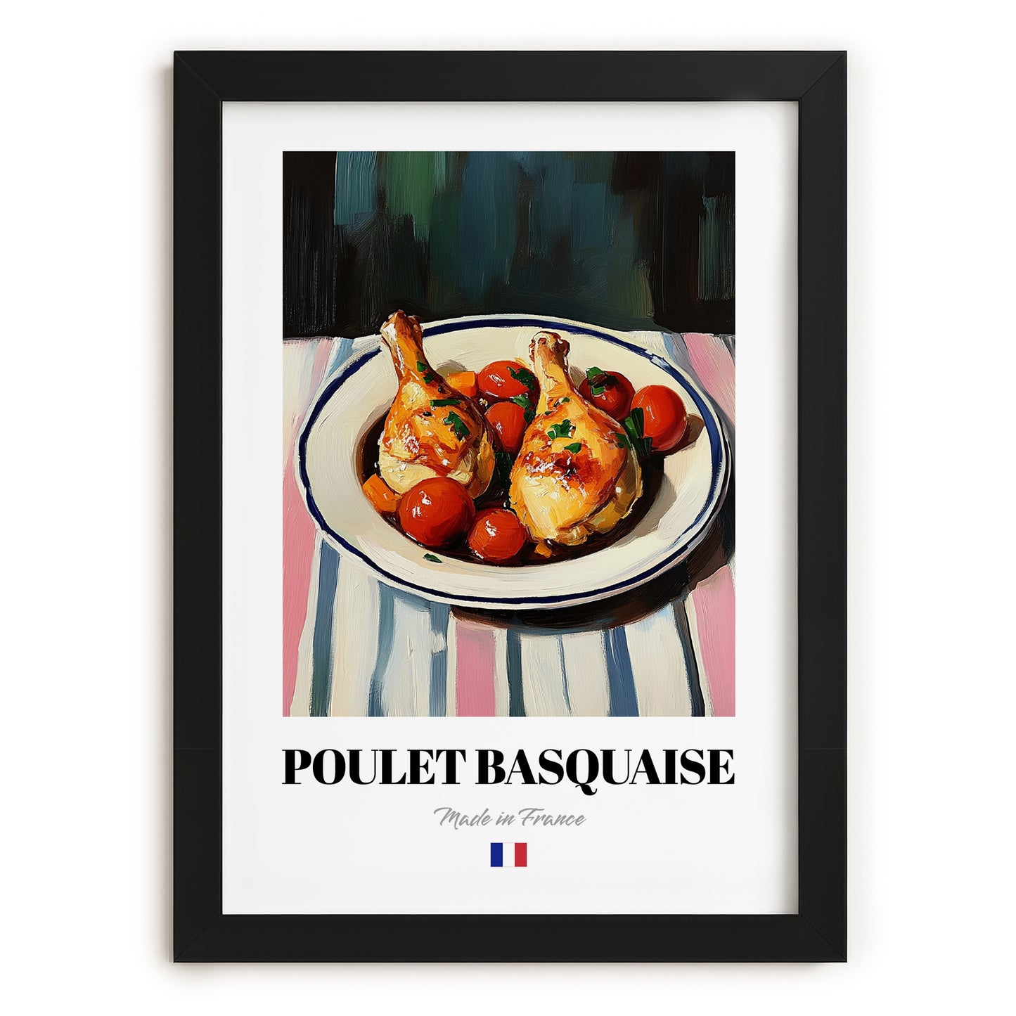 Poulet Basquaise – on Striped Tablecloth, French Food Painting, in sleek black frame