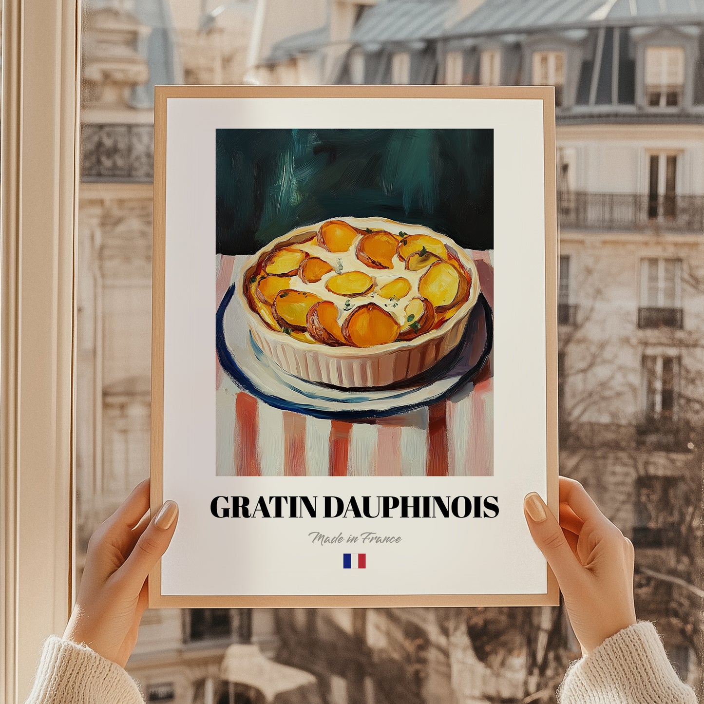 Gratin Dauphinois – Oil Painting, French Food Painting, styled in a charming Paris street view