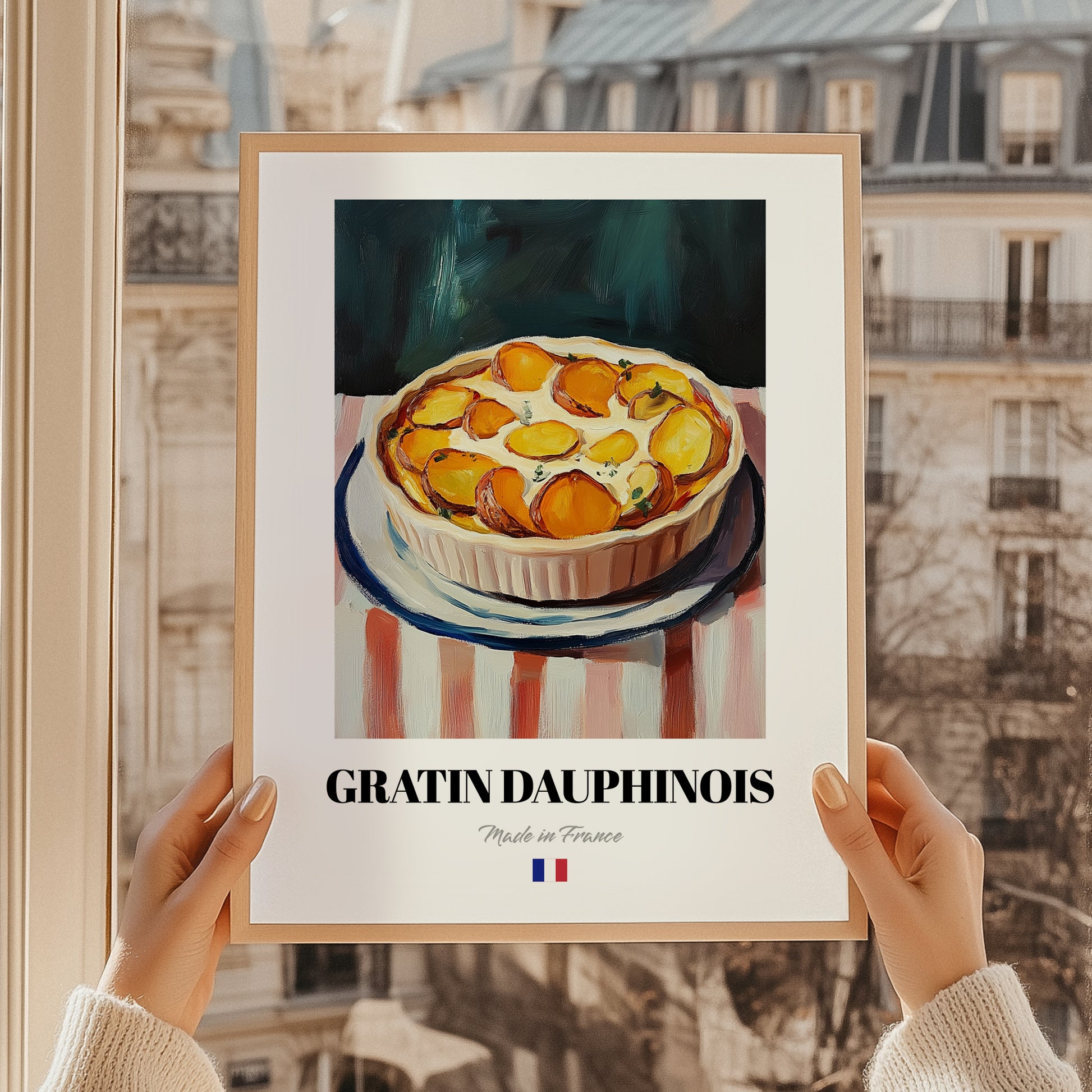 Gratin Dauphinois – Oil Painting, French Food Painting, styled in a charming Paris street view