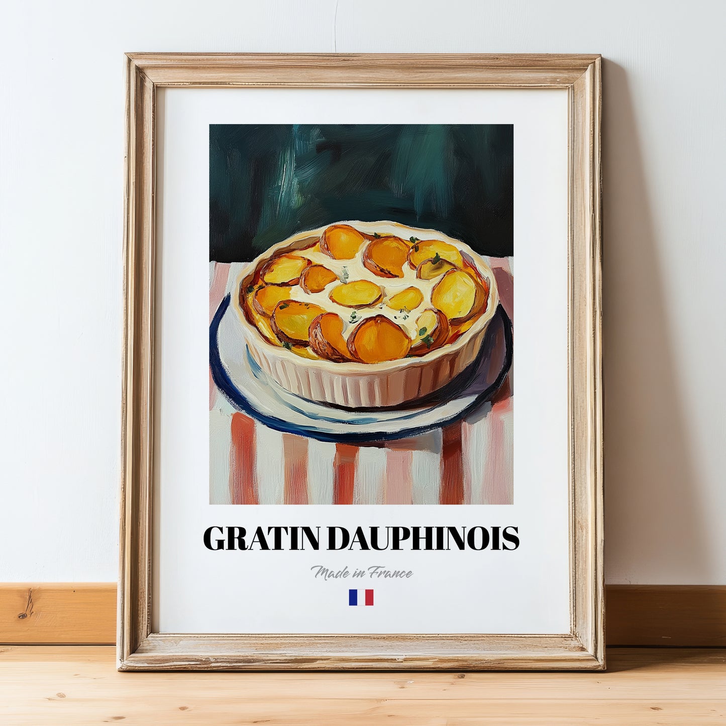 Gratin Dauphinois – Oil Painting, French Food Painting, in wooden frame leaning on the floor