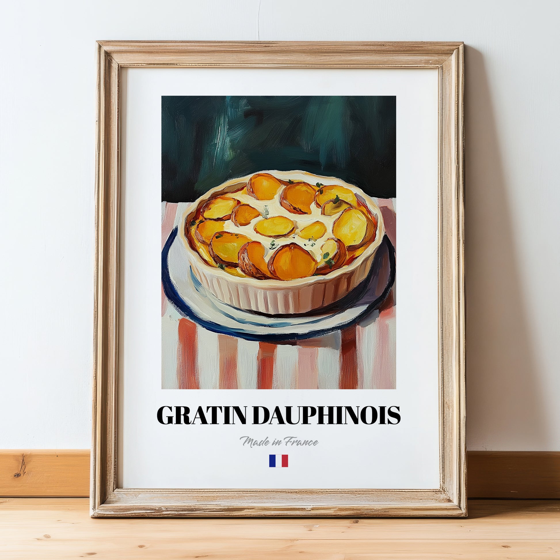 Gratin Dauphinois – Oil Painting, French Food Painting, in wooden frame leaning on the floor