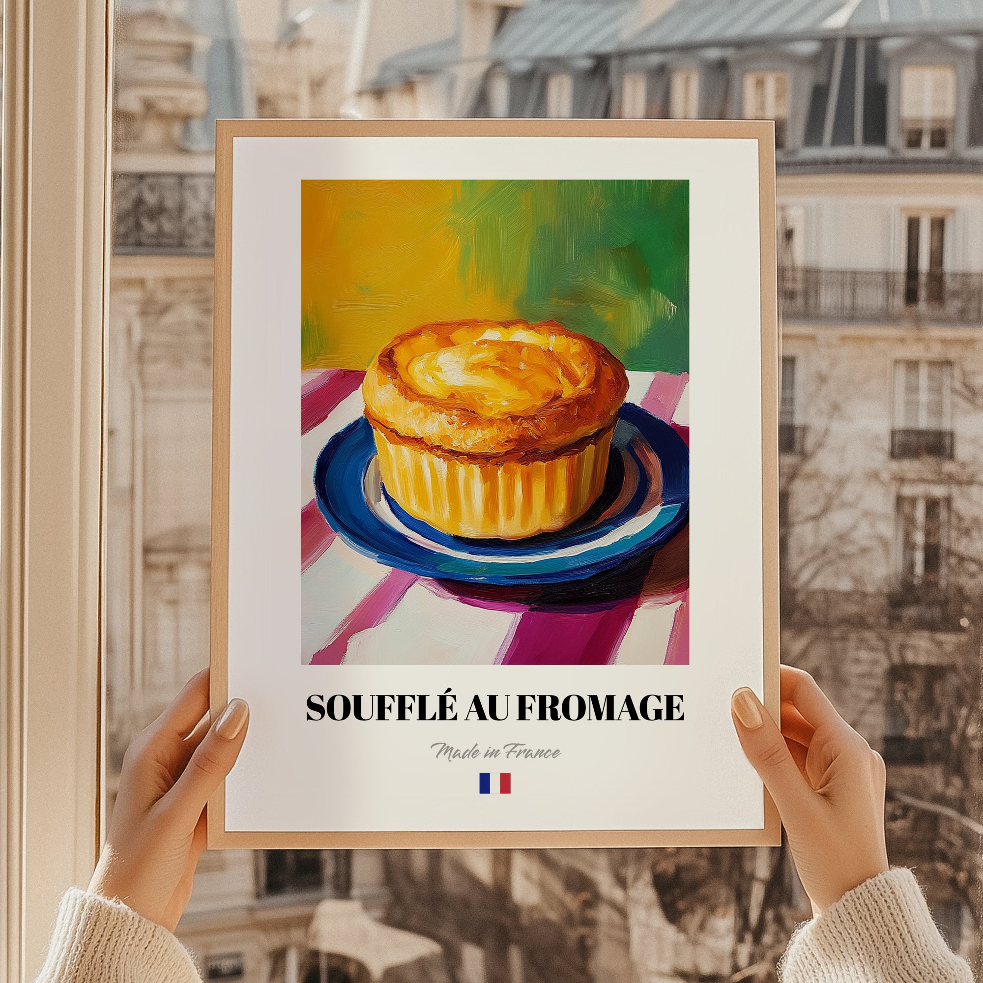 Soufflé au Fromage – Art, French Food Painting, styled in a charming Paris street view