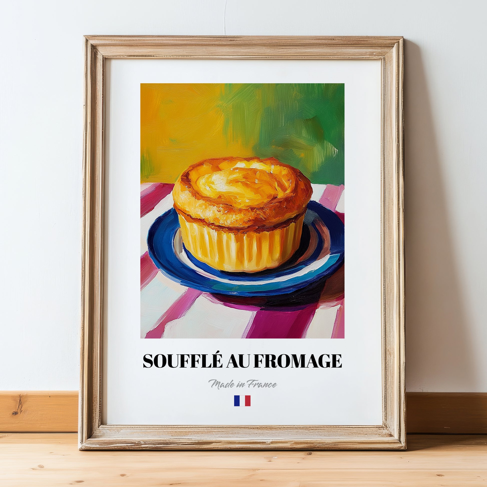 Soufflé au Fromage – Art, French Food Painting, in wooden frame leaning on the floor