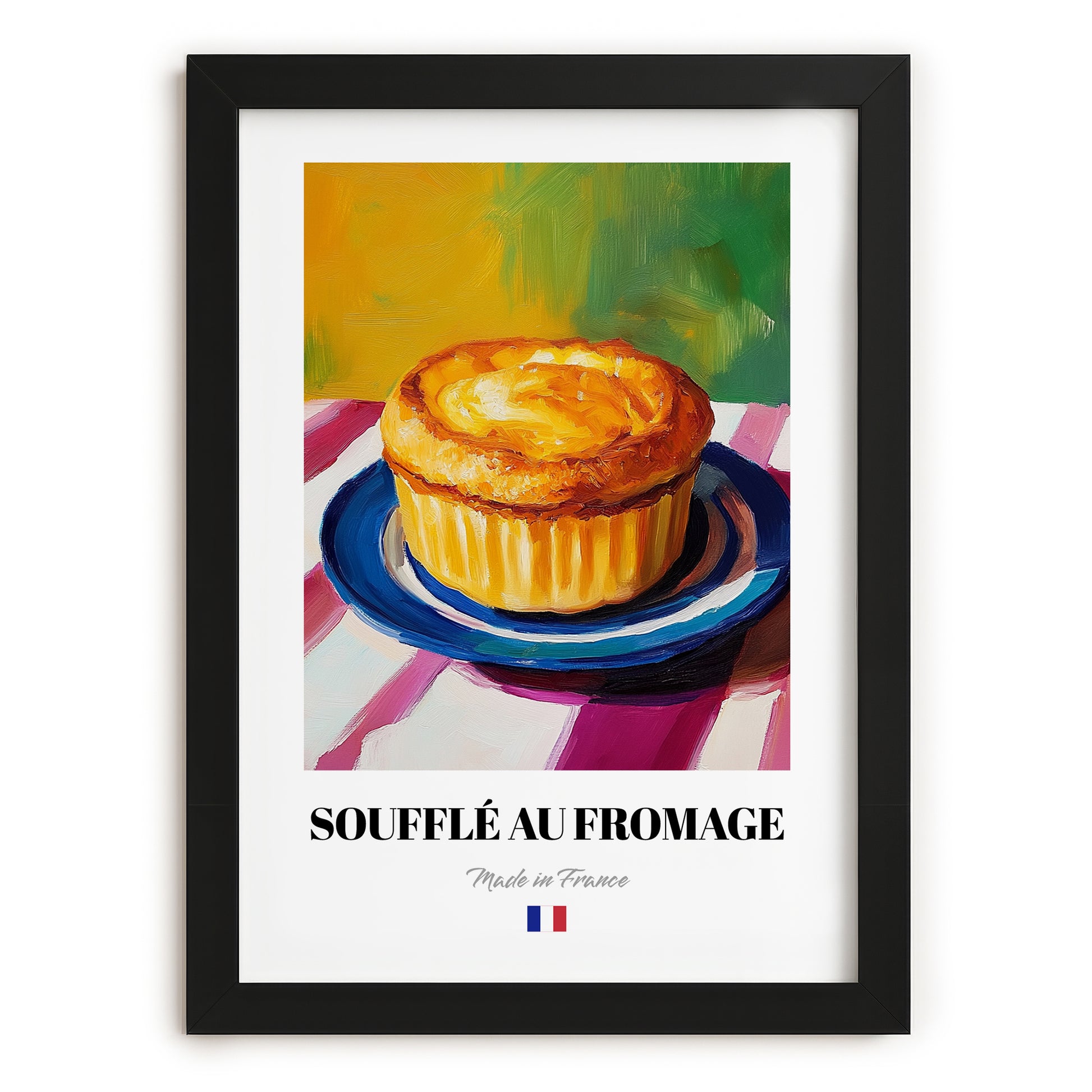Soufflé au Fromage – Art, French Food Painting, in sleek black frame