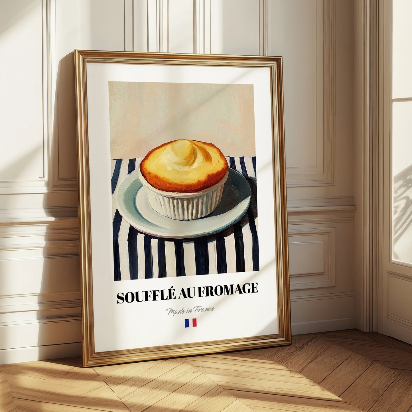 Soufflé au Fromage – on Striped Tablecloth, French Food Wall Print