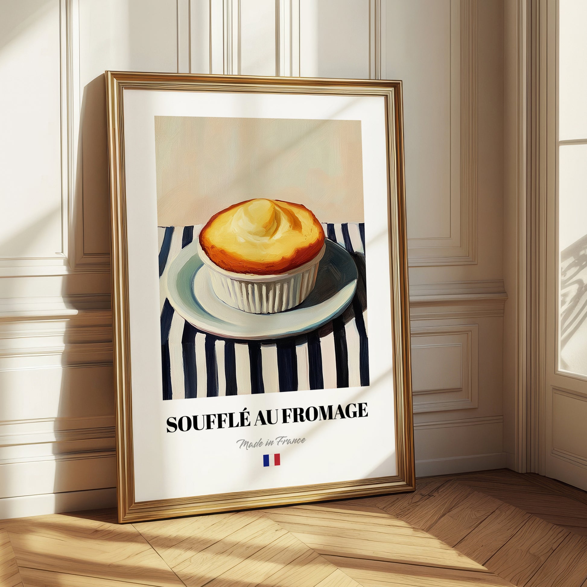 Soufflé au Fromage – on Striped Tablecloth, French Food Wall Print