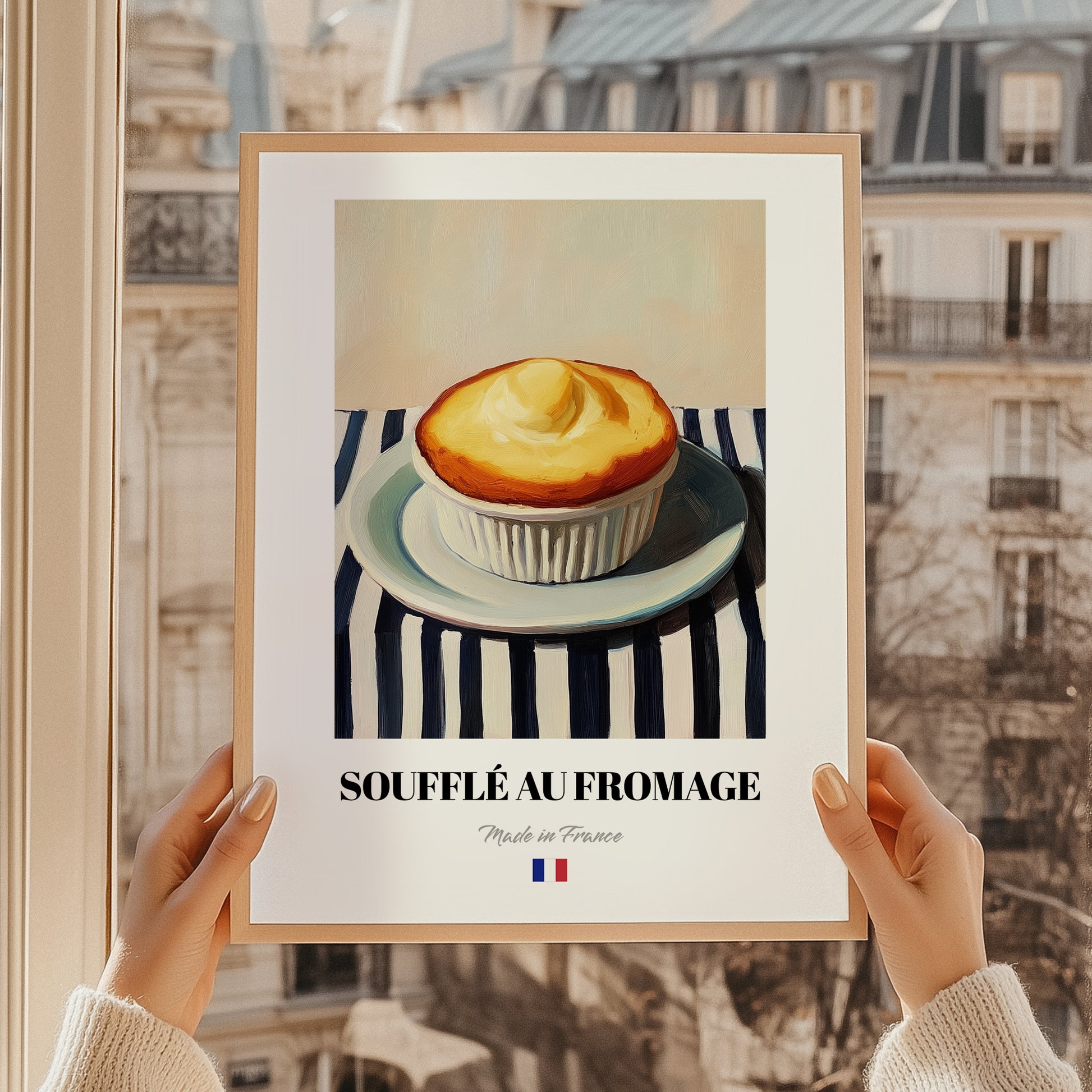 Soufflé au Fromage – on Striped Tablecloth, French Food Wall Print, styled in a charming Paris street view