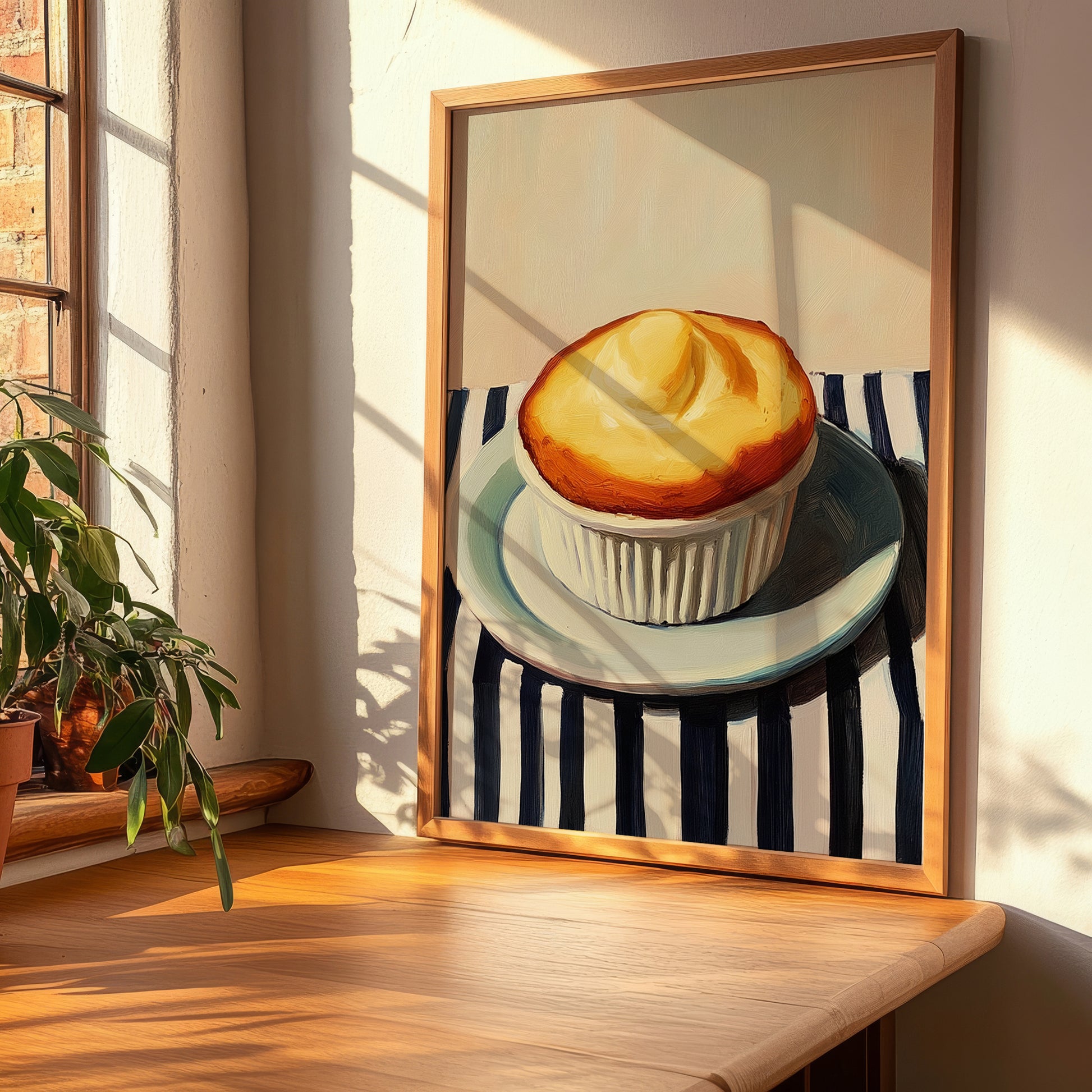 Soufflé au Fromage – on Striped Tablecloth, French Food Wall Print, clean layout with no caption