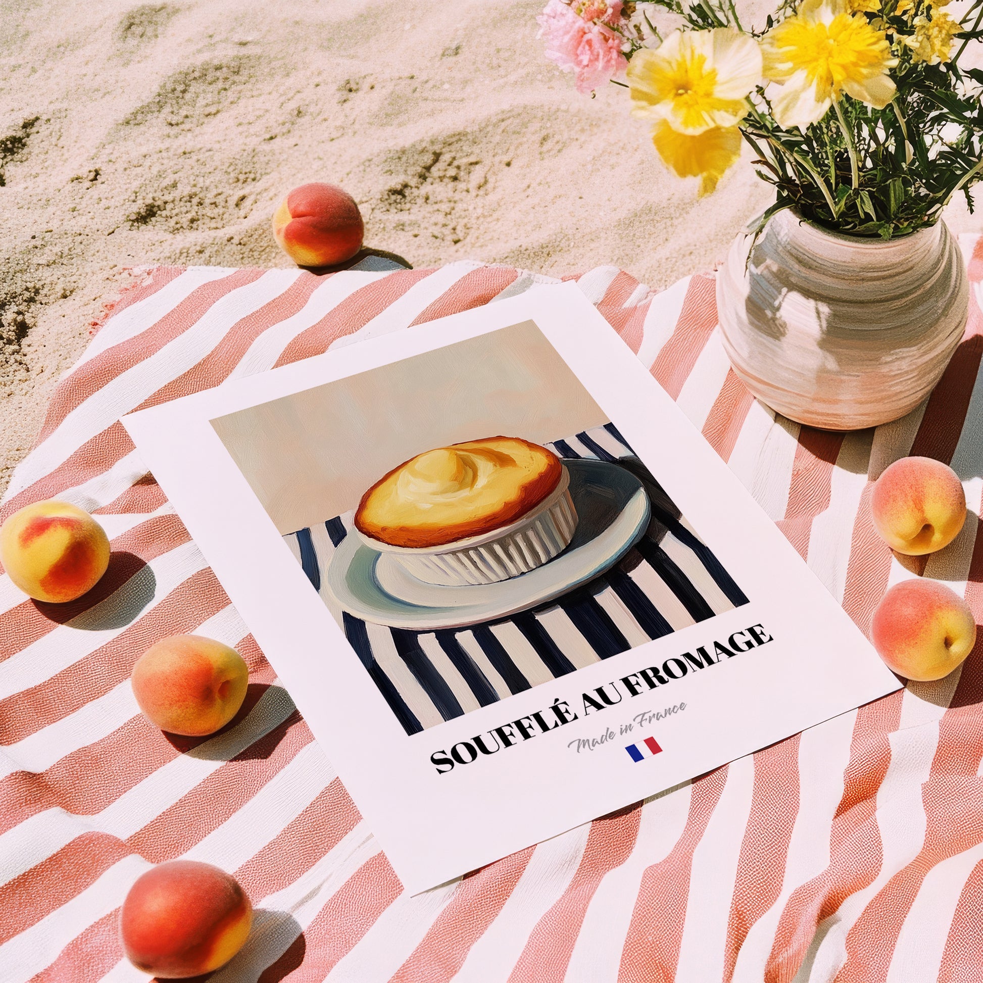Soufflé au Fromage – on Striped Tablecloth, French Food Wall Print, unframed on coastal sand