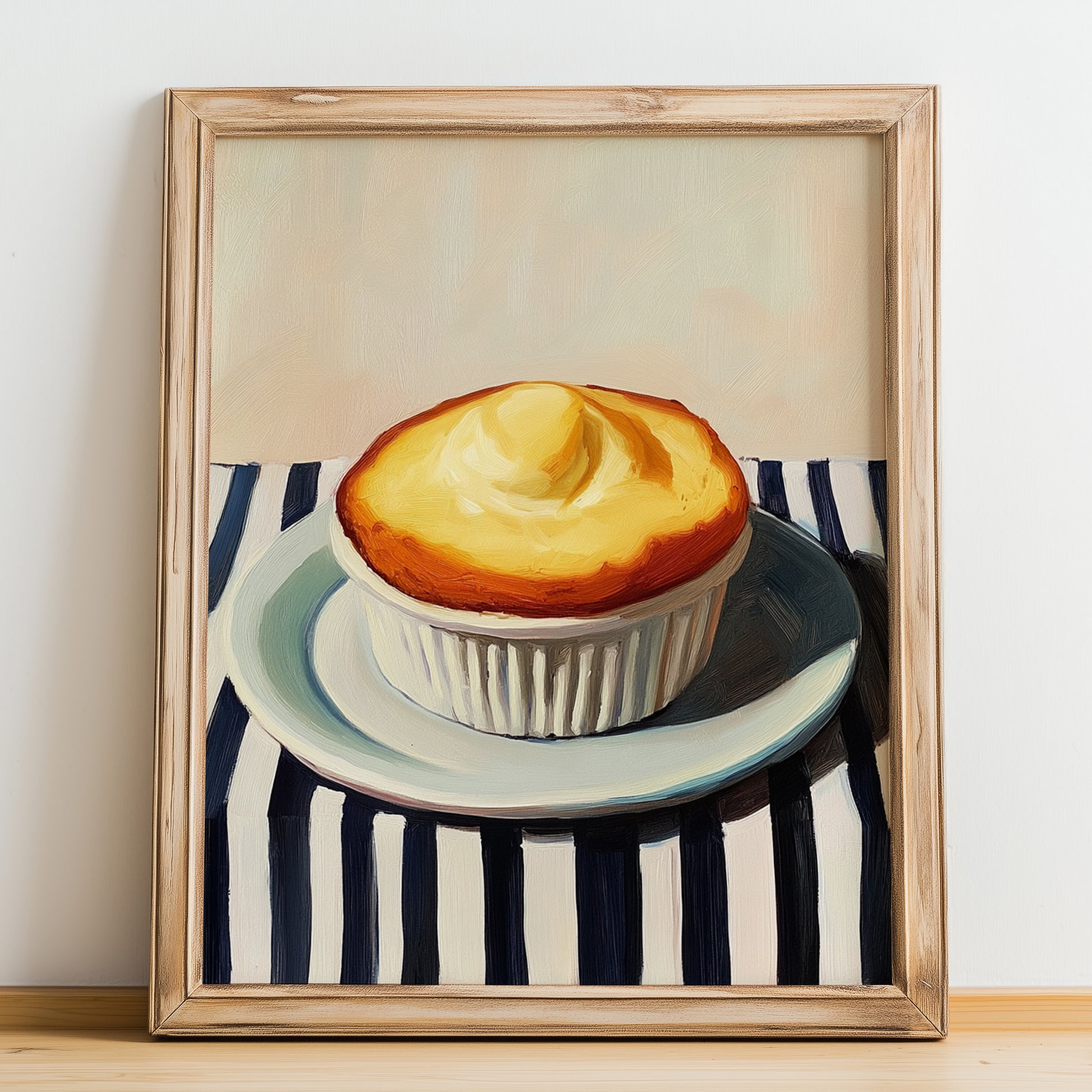 Soufflé au Fromage – on Striped Tablecloth, French Food Wall Print, no-text version framed in wood