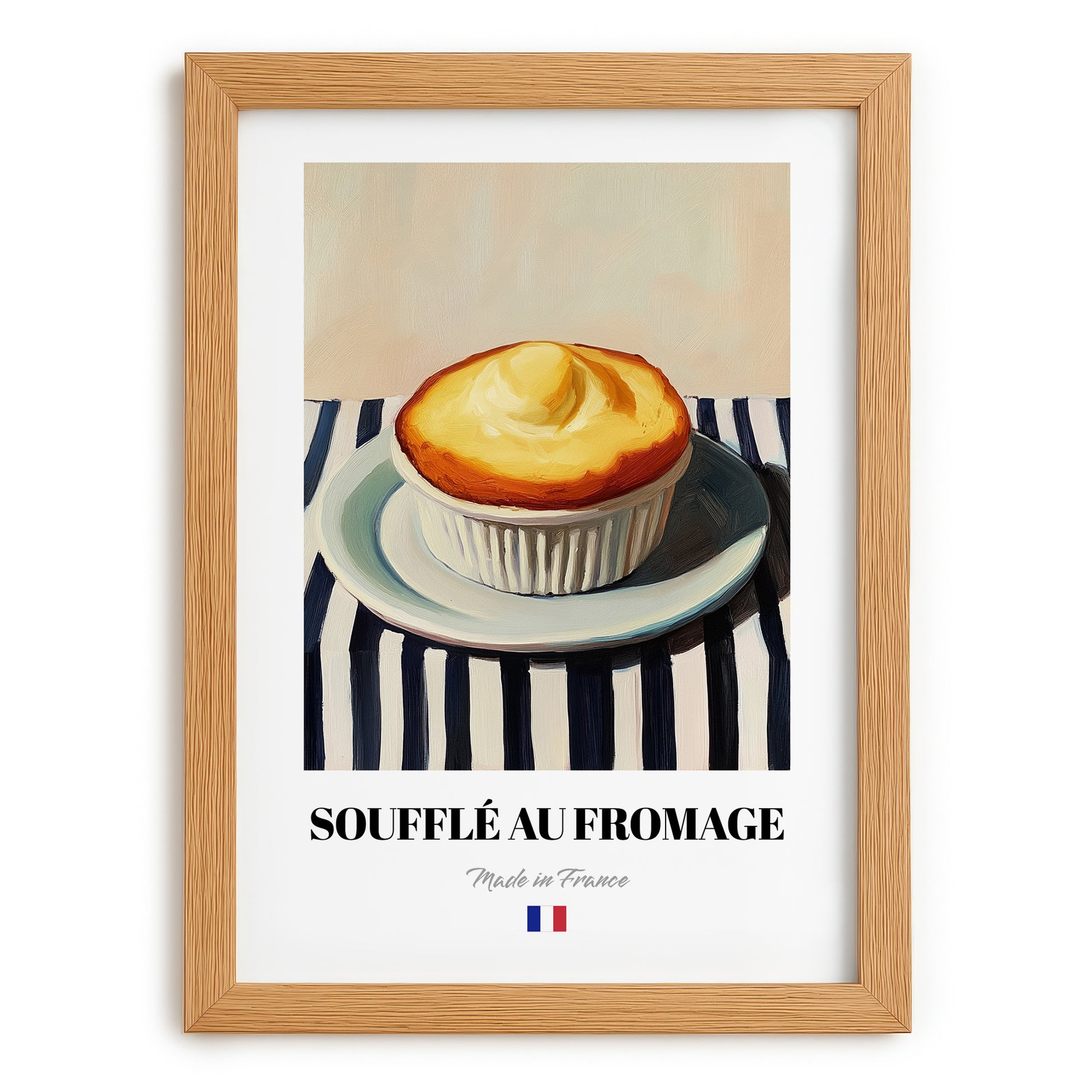 Soufflé au Fromage – on Striped Tablecloth, French Food Wall Print, set in oak frame