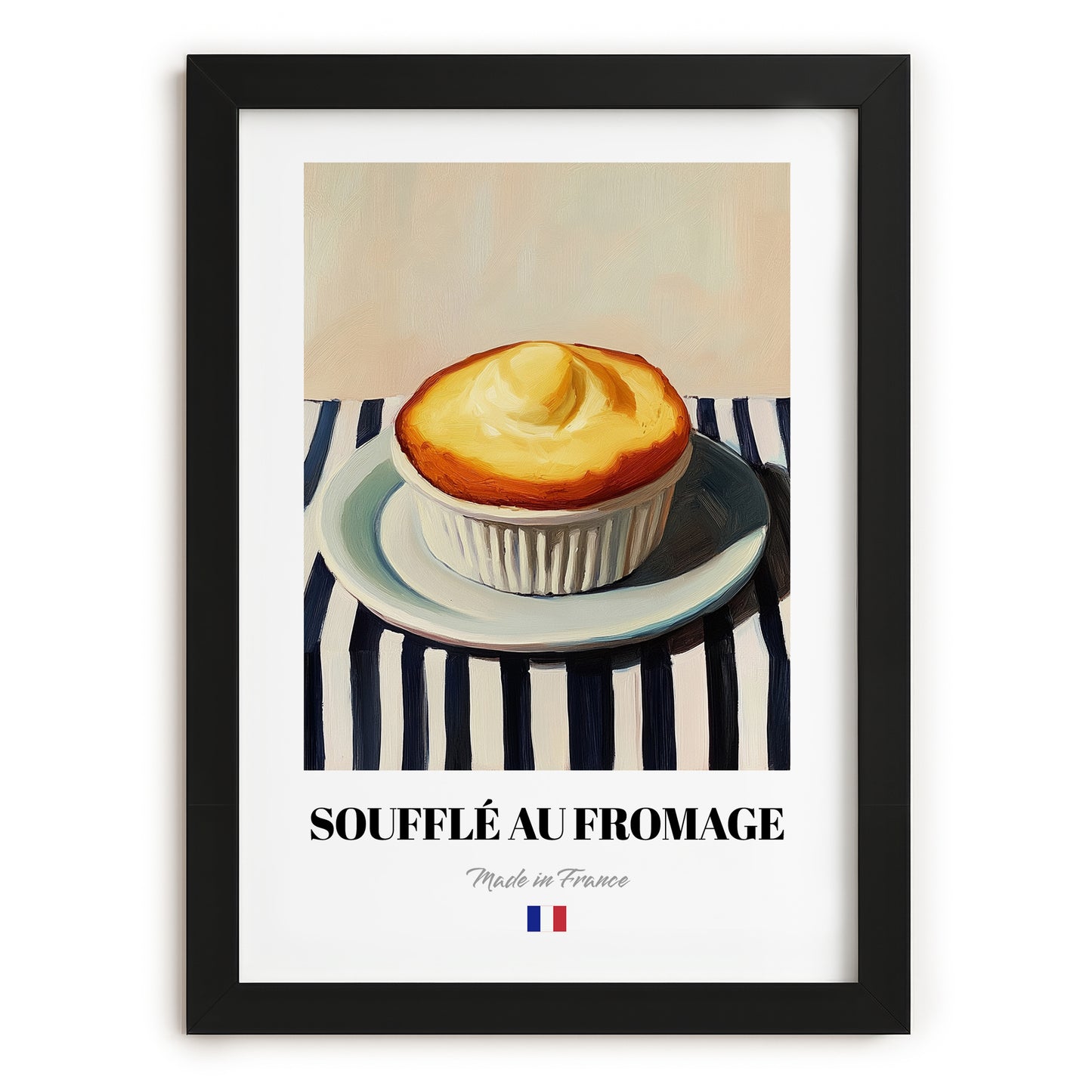 Soufflé au Fromage – on Striped Tablecloth, French Food Wall Print, in sleek black frame
