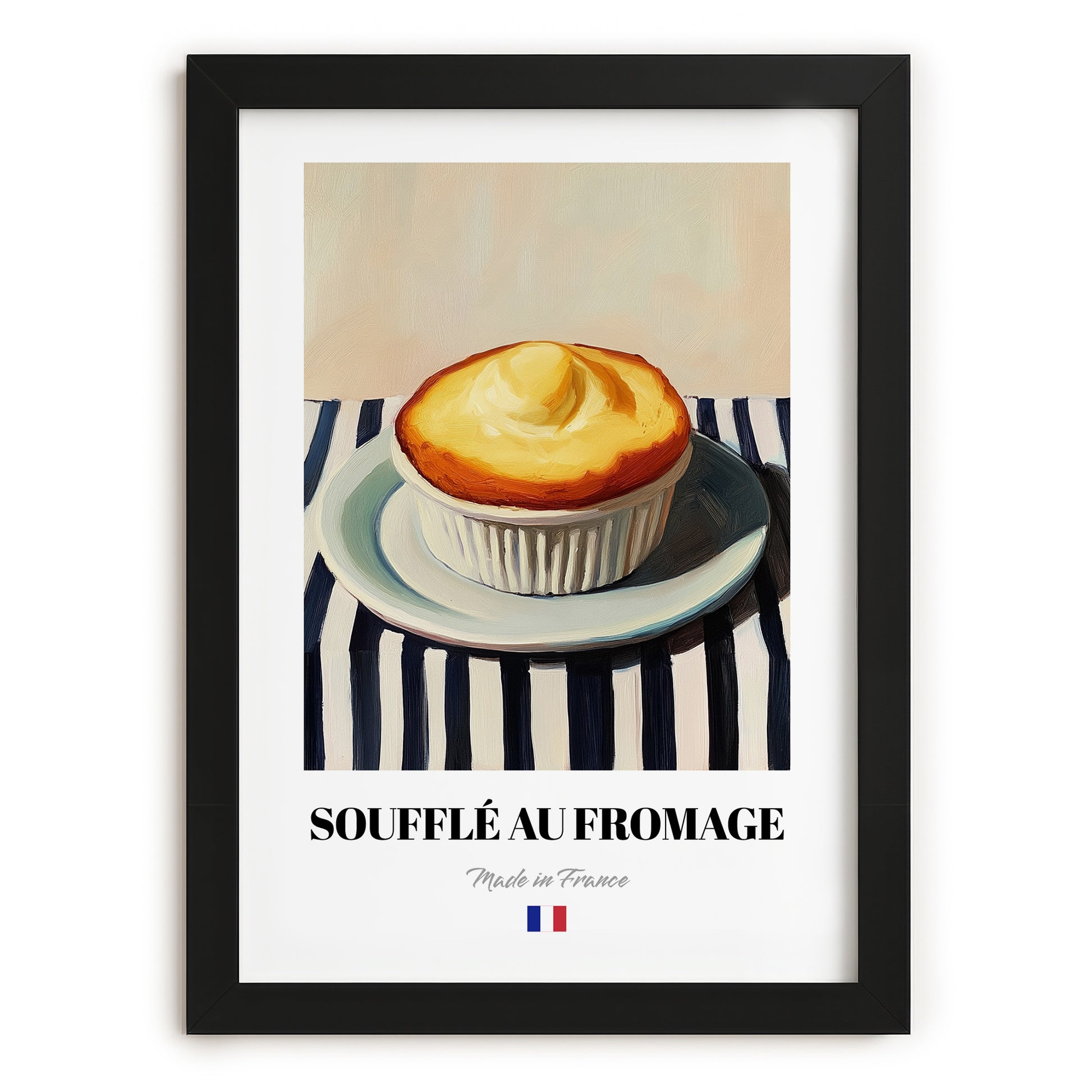 Soufflé au Fromage – on Striped Tablecloth, French Food Wall Print, in sleek black frame