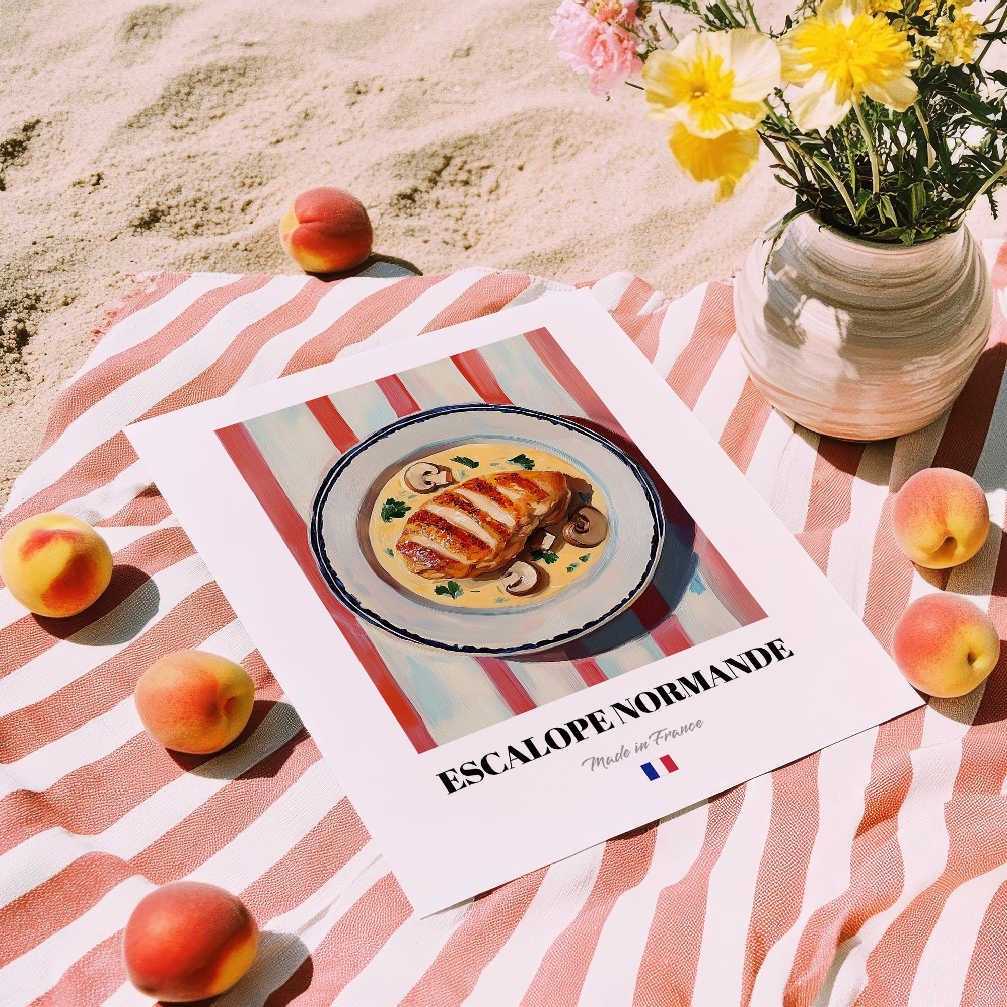 Escalope Normande – on Striped Tablecloth, French Food Illustration, unframed on coastal sand